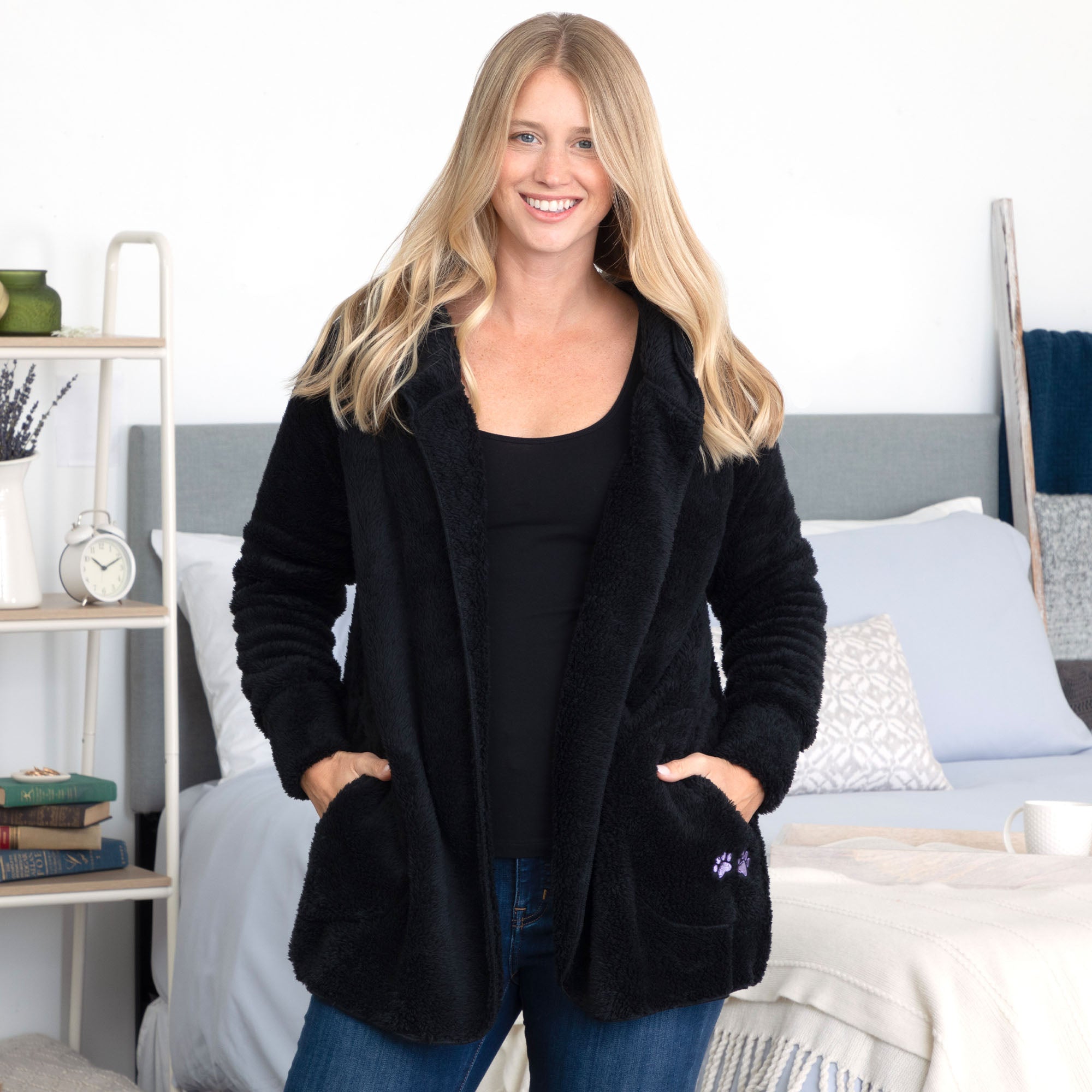 Paw Print Plush Sherpa Fleece Hooded Open Jacket、mySite、camillekostekn