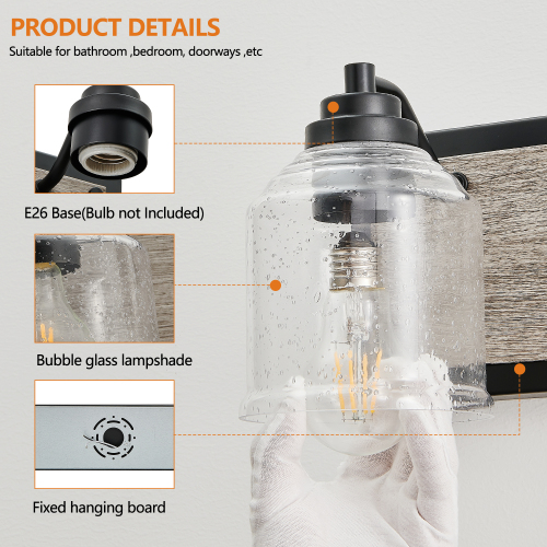 40&quot; Farmhouse Vanity Light Fixture, 5-Light Bathroom Wall Sconce with Clear Seeded Glass Shades, Black and Wood Grain Finish, Modern Industrial Design for Bathroom or Powder Room (No Bulbs)、、eastwooduniform