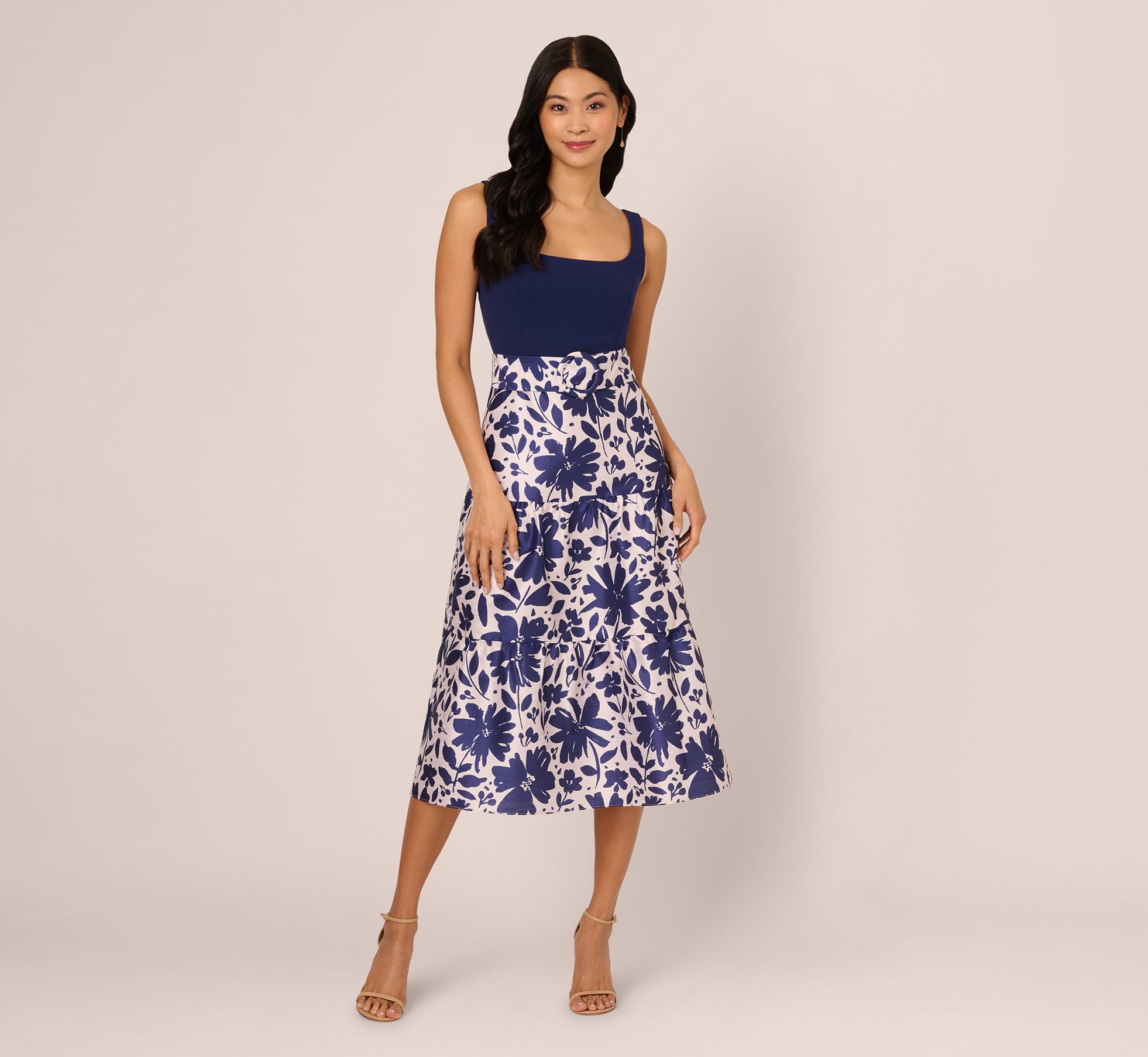 Sleeveless Floral Combo Flounce Dress In Navy Ivory、mySite、solidvoid