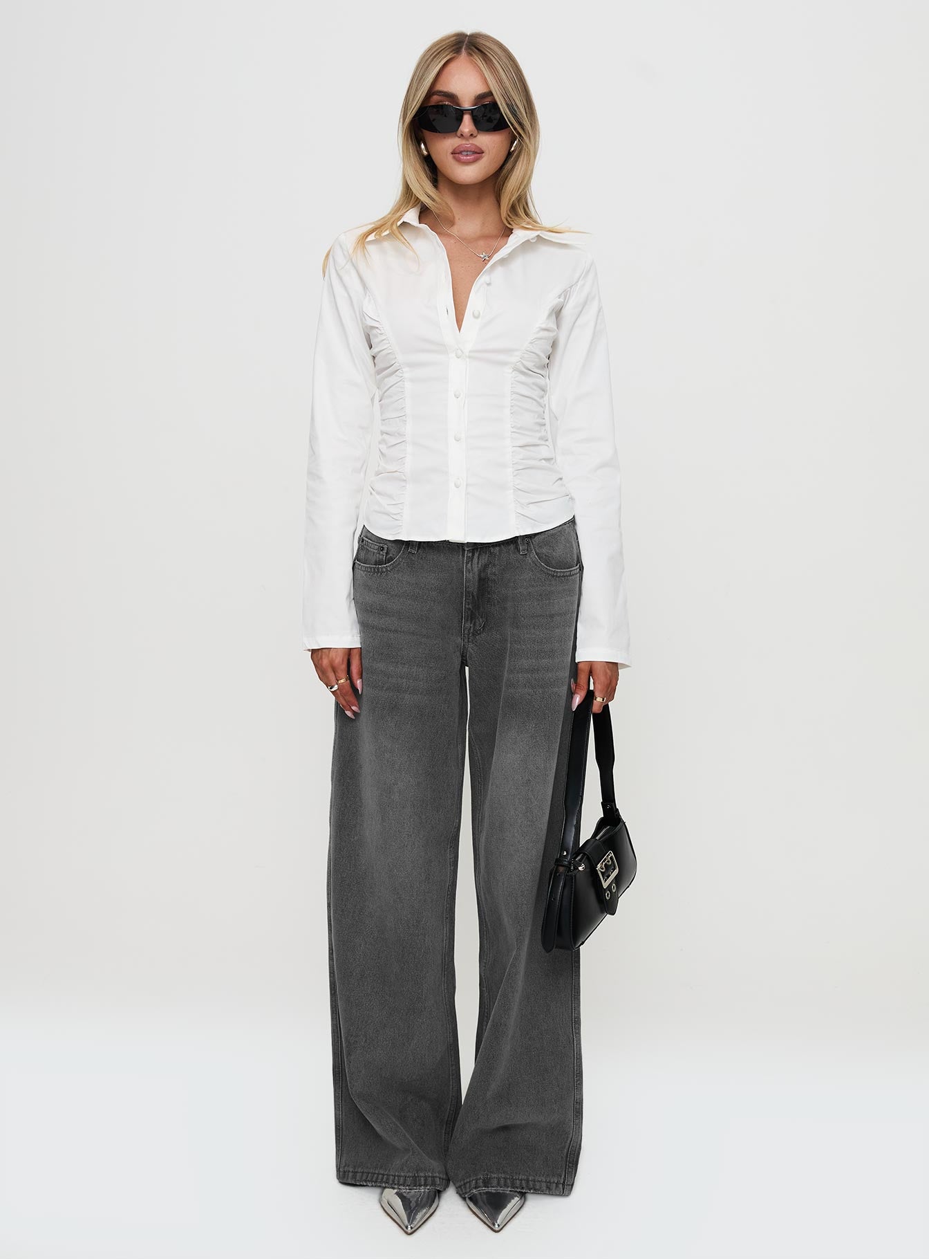 Stand Up Guy Long Sleeved Ruched Detail Top White、mySite、solidvoid