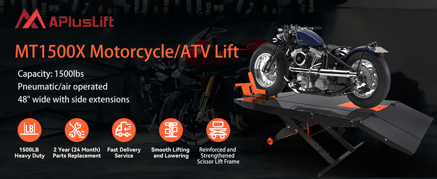 APlusLift MT1500X 1500LB Air Operated 48&#34; Width Motorcycle ATV Lift Table with Side Extensions