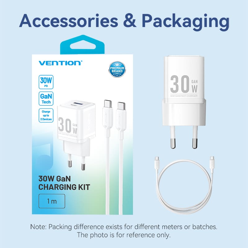 Vention 2-Port USB (C+A) GaN Charger (30W/30W) with USB-C to USB-C Cable (1M) EU-Plug、mySite、fannypackpong