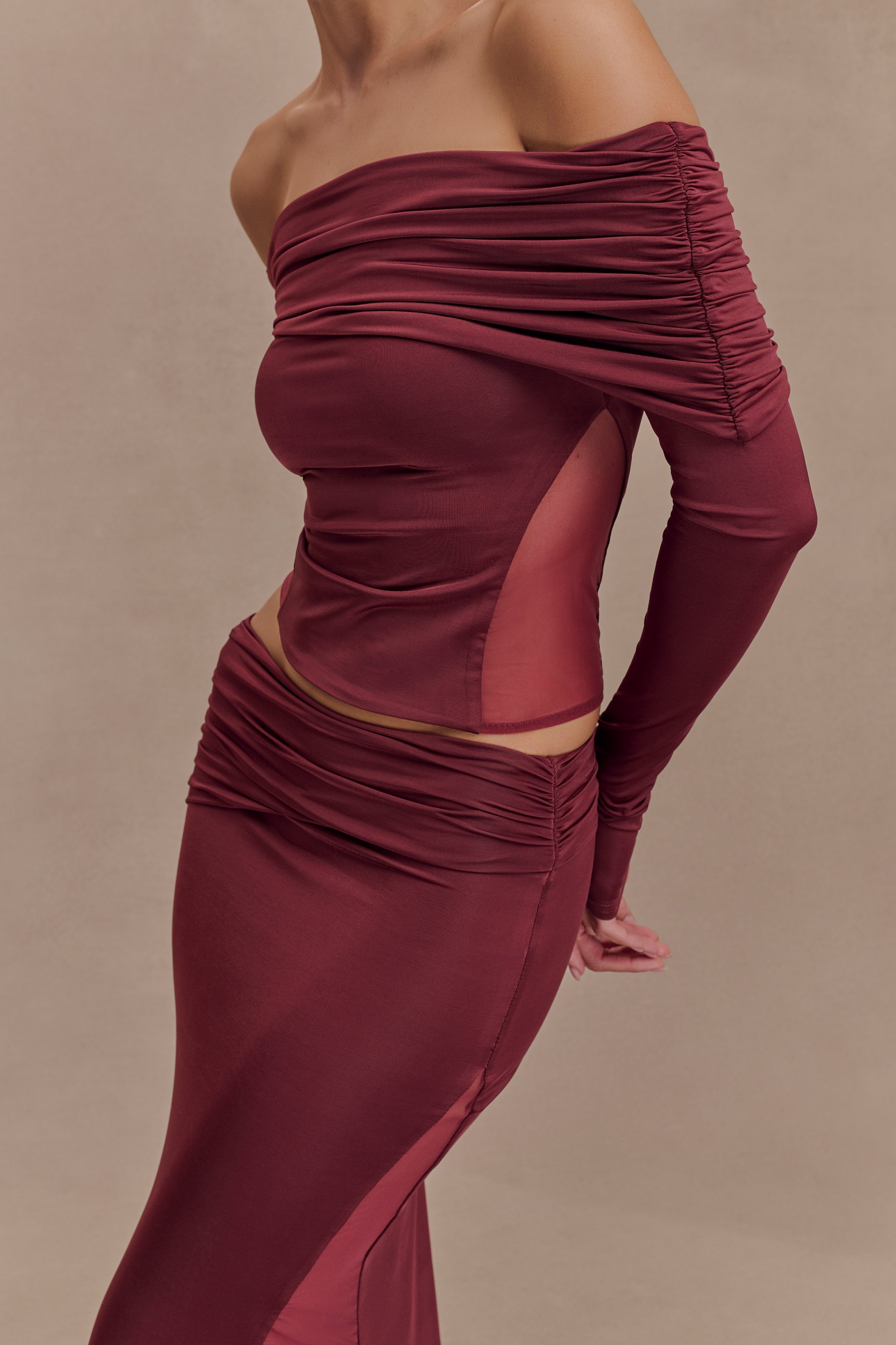 Judy Slinky And Mesh Off Shoulder Top - Wine、mySite、solidvoid