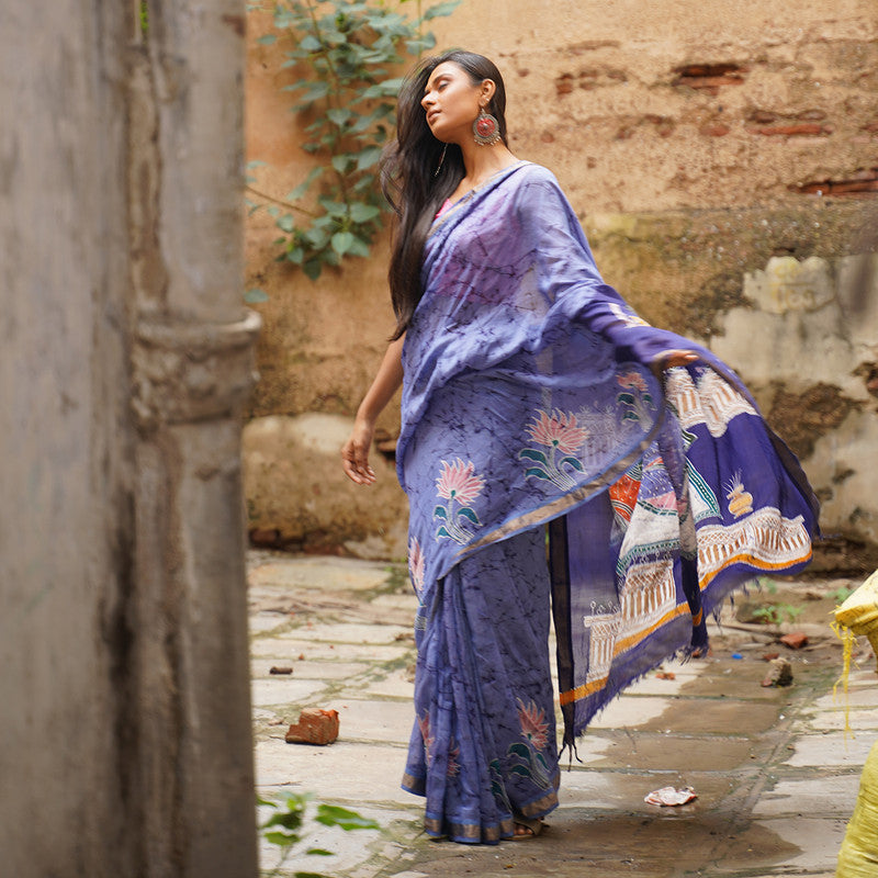 Maheshwari Cotton Silk Saree | Batik Print | Blue、mySite、camillekostekn