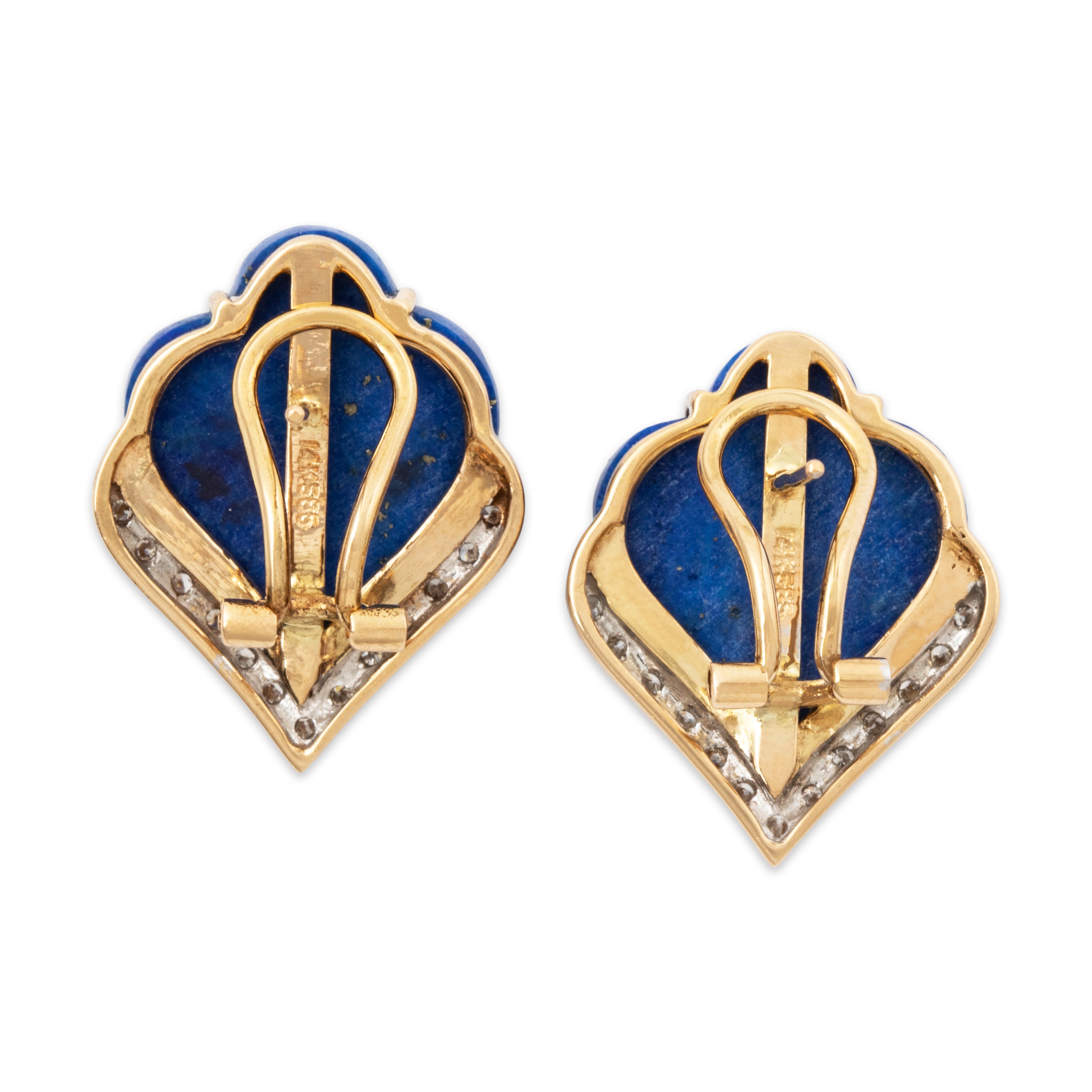 Vintage 14k Yellow Gold Lapis Lazuli Diamond Scalloped Chic Statement Earrings、mySite、hinf8tx79