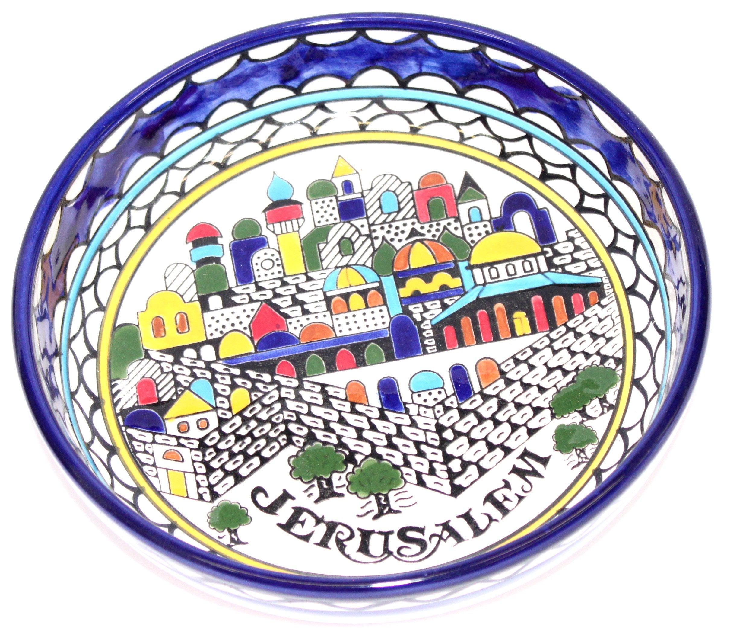 Jerusalem City Walls and Gates View Armenian Ceramic Bowl - Medium (9.2 inches in Diameter and 1.5 Inches deep) - Asfour Outlet Trademark、mySite、topwebapps