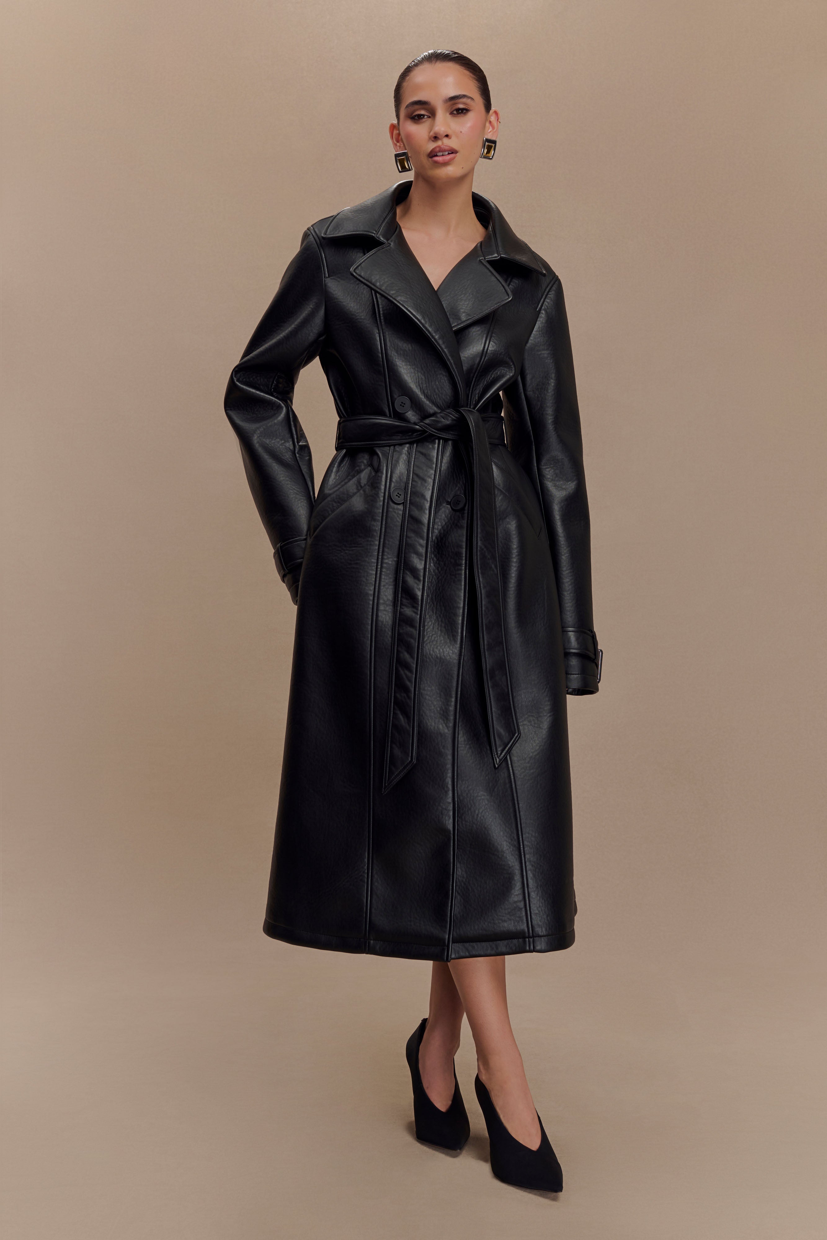 Tarah Faux Leather Trench Coat - Black、mySite、solidvoid