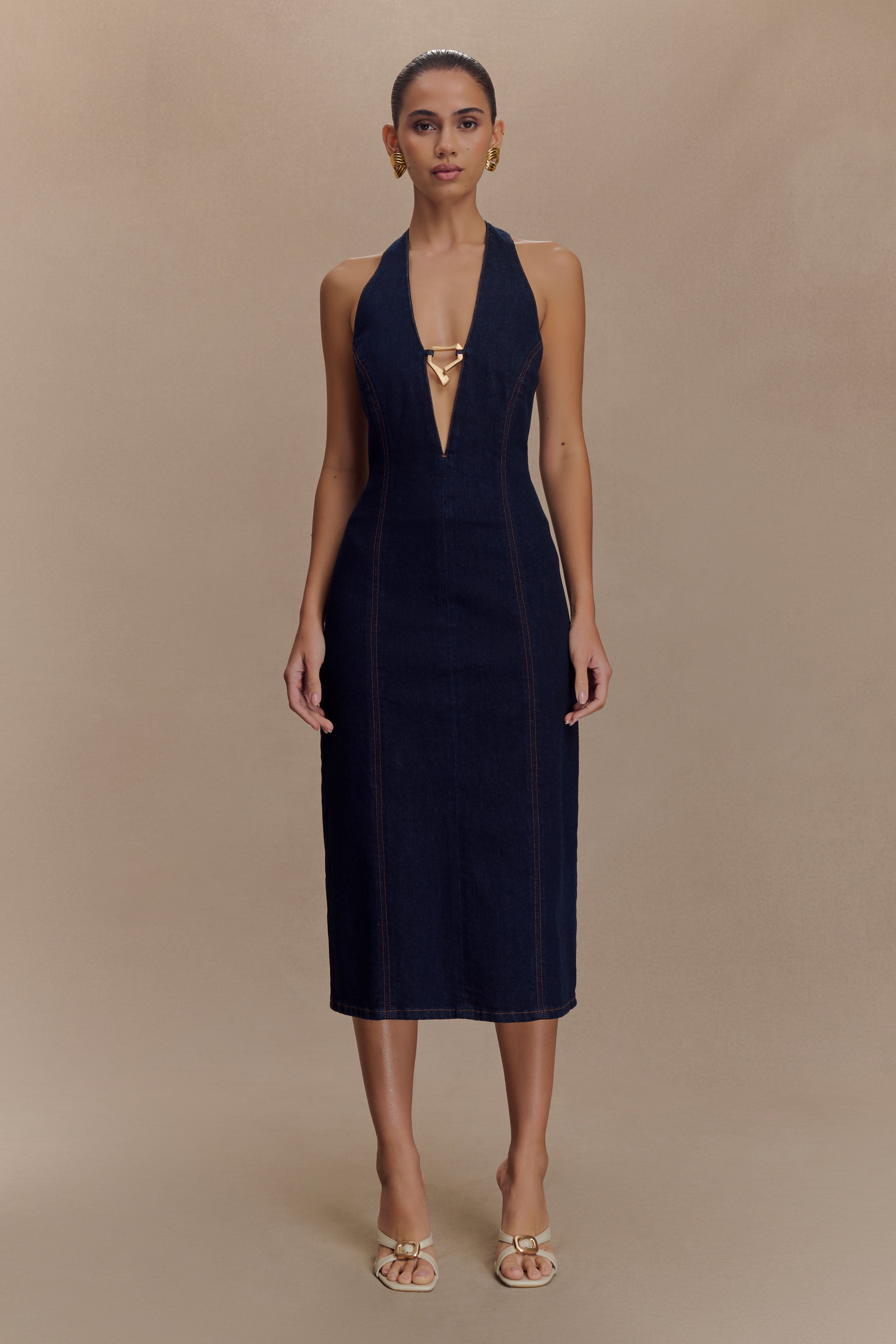 Shauna Denim Halter Midi Dress - Indigo Blue、mySite、solidvoid