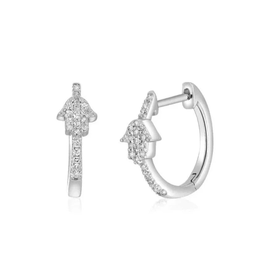 Hamsa Diamond Pave Huggie Earrings - 14k Yellow or White Gold、mySite、topwebapps