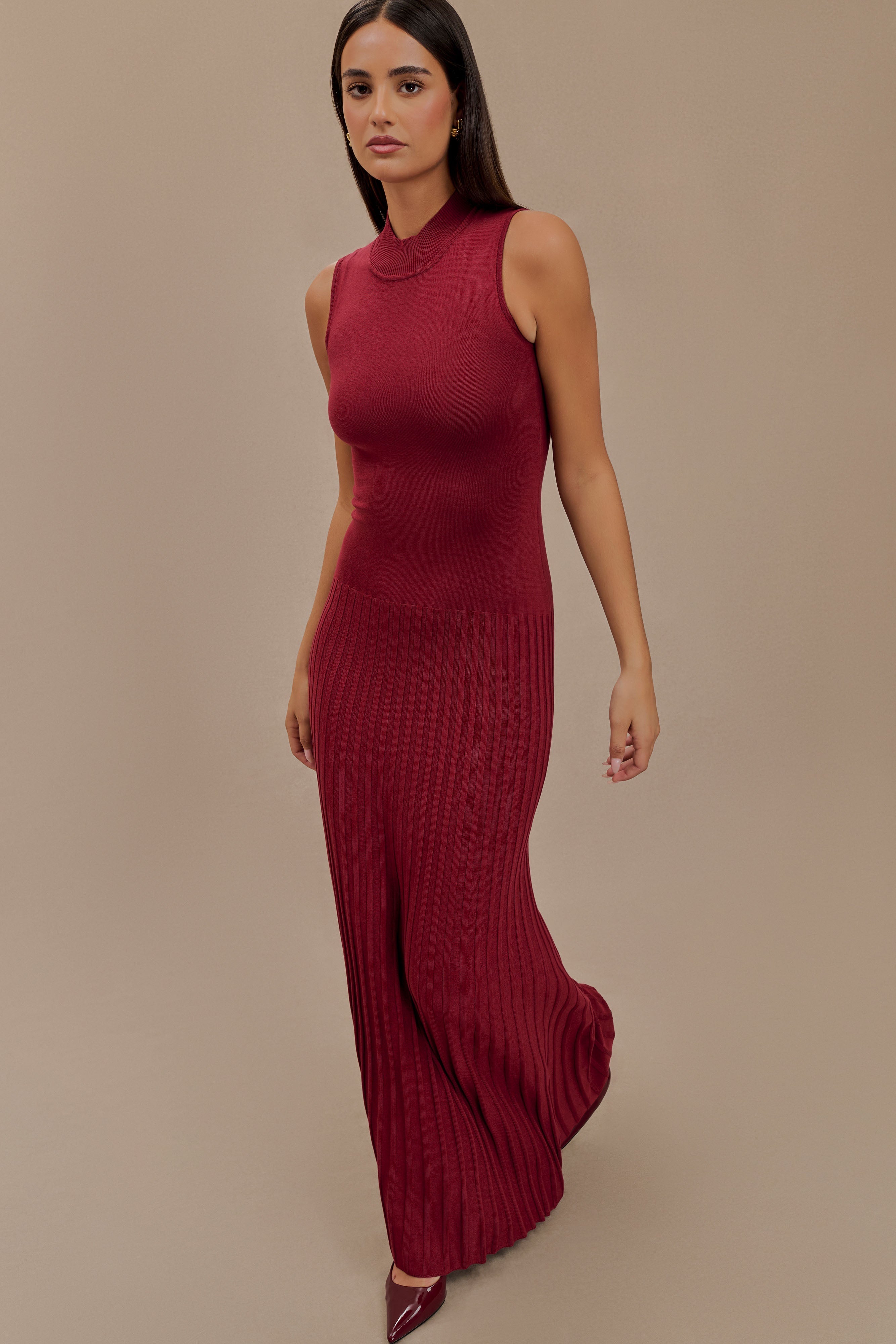 Mavis High Neck Pleated Maxi Dress - Mahogany、mySite、solidvoid