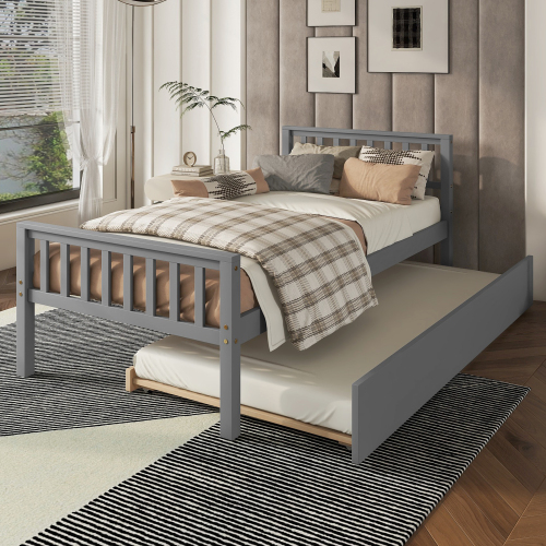 Twin Bed with Trundle, Platform Bed Frame with Headboard and Footboard, for Bedroom Small Living Space,No Box Spring Needed,White(New SKU:W504P148532)、、casual