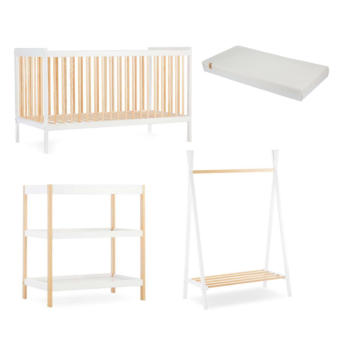  CuddleCo Nola 3 Piece Set Changer, Cot Bed + Clothes Rail - White/Natural、mySite、merchandisen