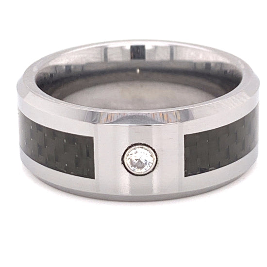 Black Fiber Center With Clear CZ Stone Tungsten Comfort Fit Ring / TGR1013、mySite、dreamappss