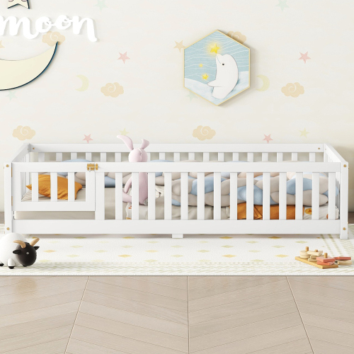 Twin Size Bed Floor Bed with Safety Guardrails and Door for Kids, Natural(Old SKU: W158090686)、、casual