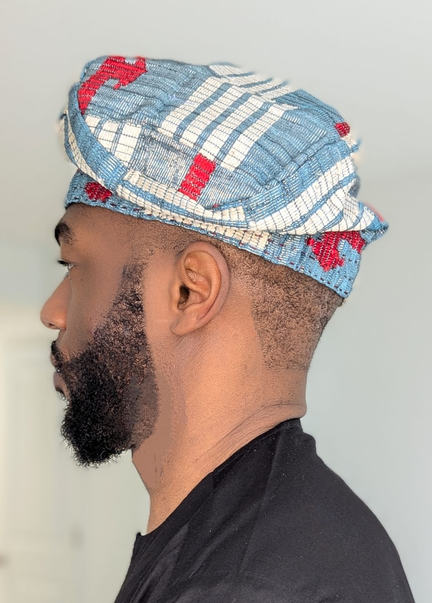 Dupsie's A峁ａ� Ayanfe Light Blue with Beige and Red Patterns African Aso Oke Fila Kufi Cap Hat DPAHLBBR1、mySite、solidvoid
