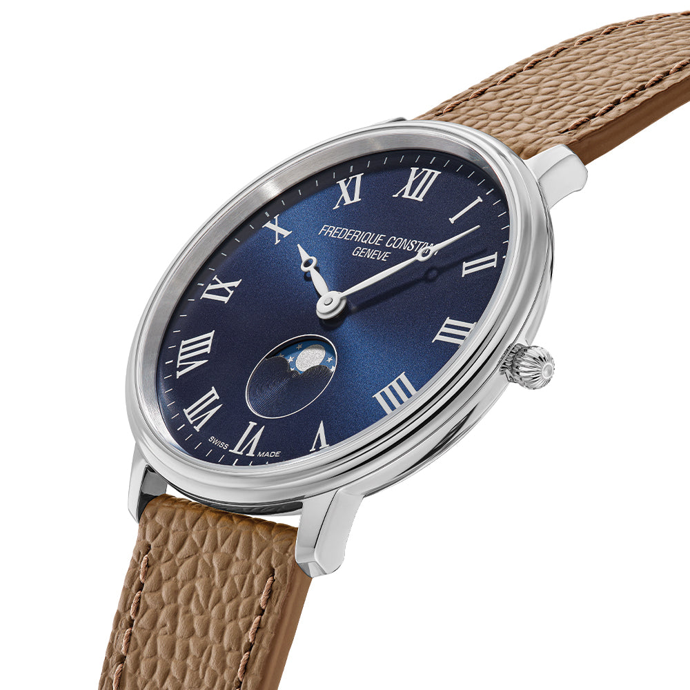  Classic Quartz Moonphase Steel 39mm - Blue on Leather Strap