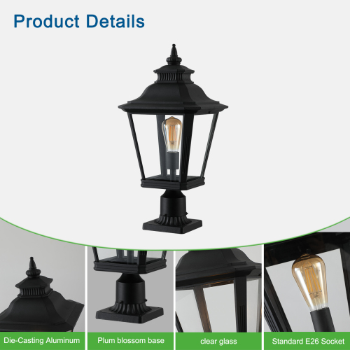 21"(H) 2-Pack Outdoor Post Lantern Light – Vintage Black Metal & Clear Glass Pillar Lamp for Garden, Gate, Driveway, and Pathway Lighting with Elegant Design (Bulb Not Included)、、eastwooduniform