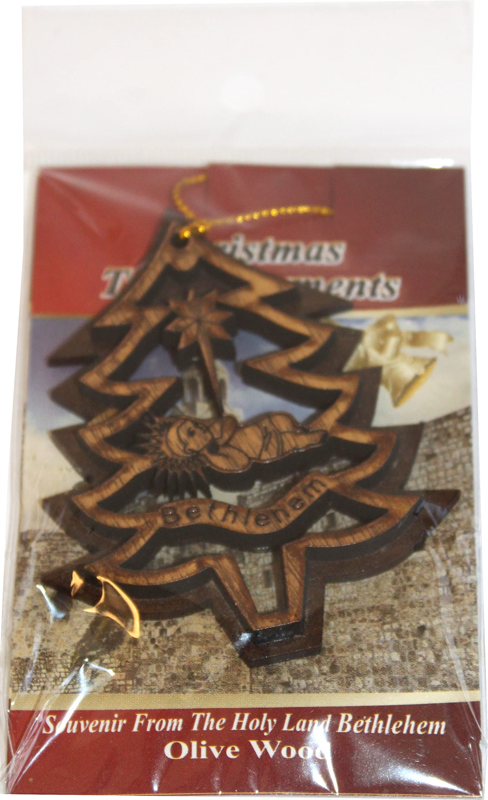  Holy Land Market Two Layers Mahogany with Olive Wood Christmas Tree and Baby Jesus in Cradle or Manger Ornament Gift Carved by Laser - Olive Wood (7.5 cm or 3 Inch with Certificate) and Gold String、mySite、elrpsem3k