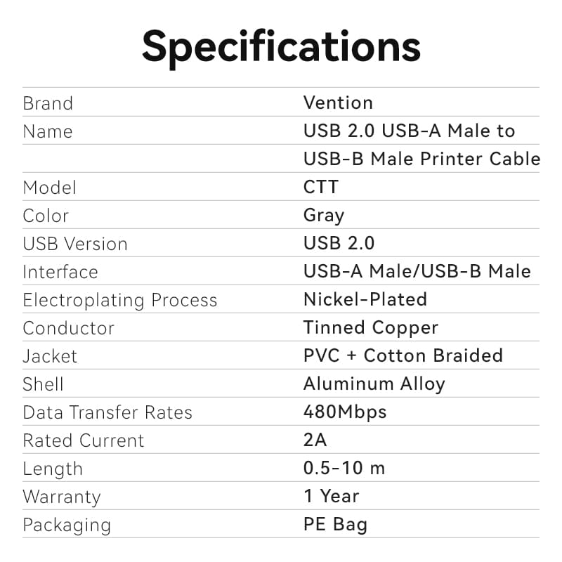 Vention USB 2.0 Type-A Male to Type-B Male Printer Cable、mySite、fannypackpong