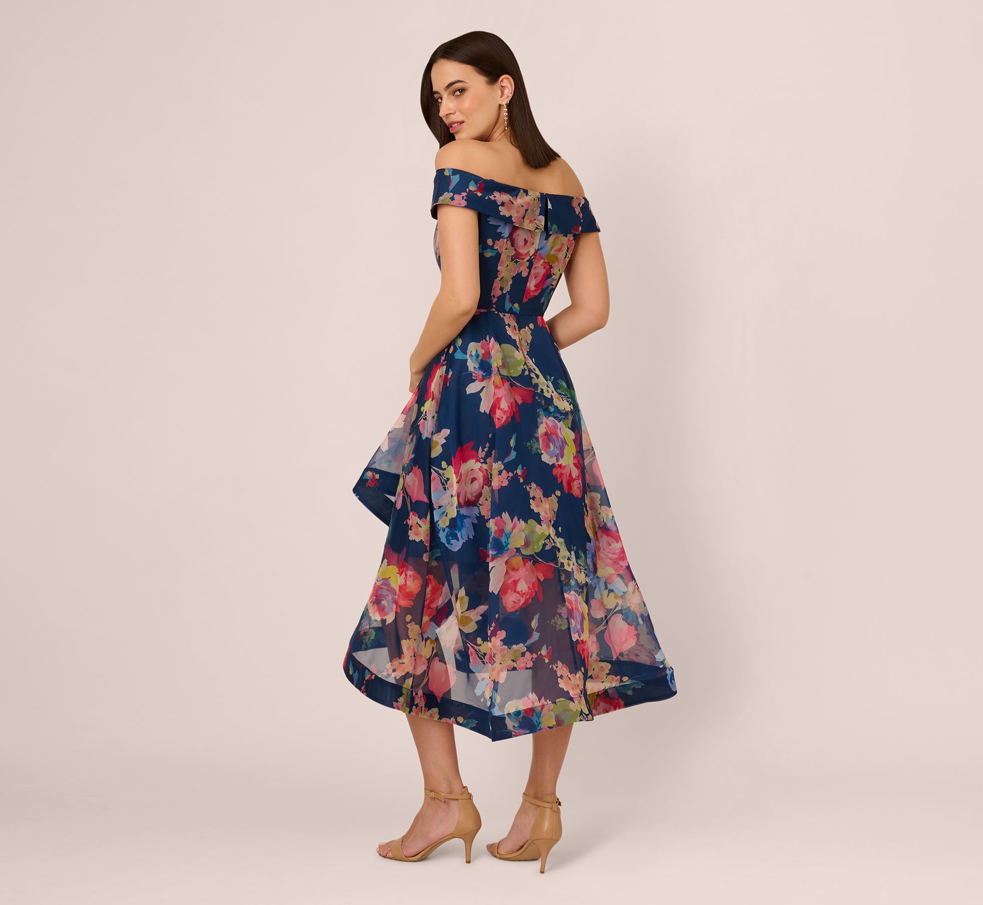 Off Shoulder Floral Organza High Low Dress In Navy Multi、mySite、solidvoid