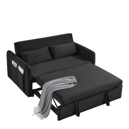 55" Modern Convertible Sofa Bed with 2 Detachable Arm Pockets, Velvet Loveseat Sofa with Pull Out Bed, 2 Pillows and Living Room Adjustable Backrest, Grid Design Armrests、、casual