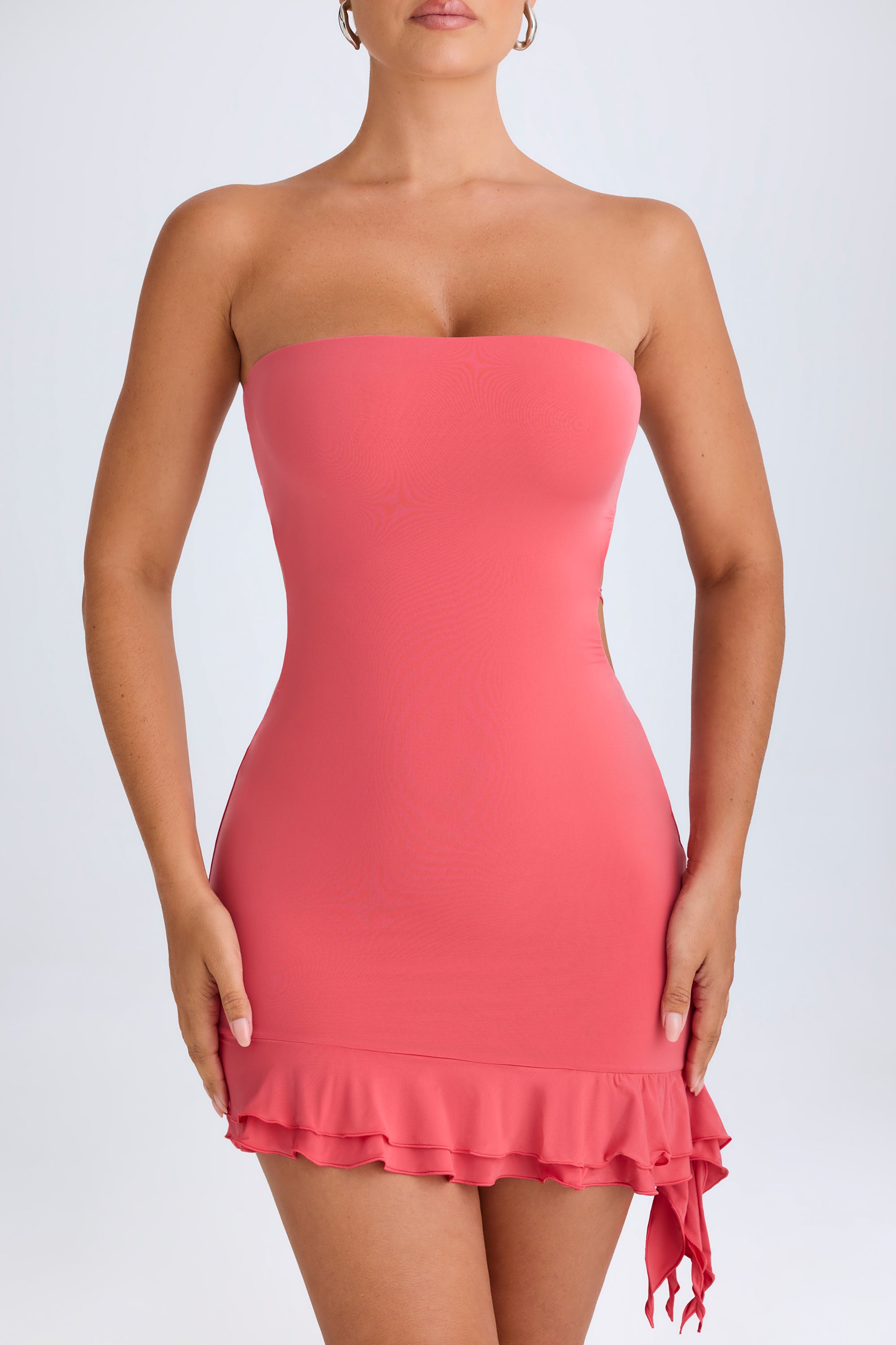 Ruffle-Trim Cut-Out Bandeau Mini Dress in Coral、mySite、solidvoid