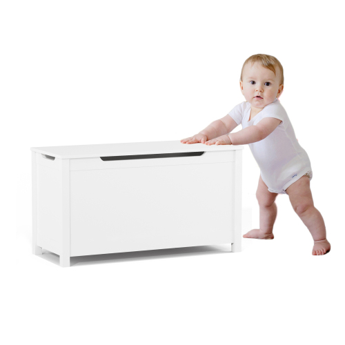 Kids Wooden Toy Box Storage with Safety Hinged Lid for Ages 2+ (White)、、casual