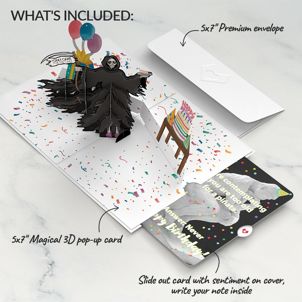 Grim Reaper Dark Humor Birthday with The Thinker Pop-Up Card and Sentiment Set、mySite、solidvoid