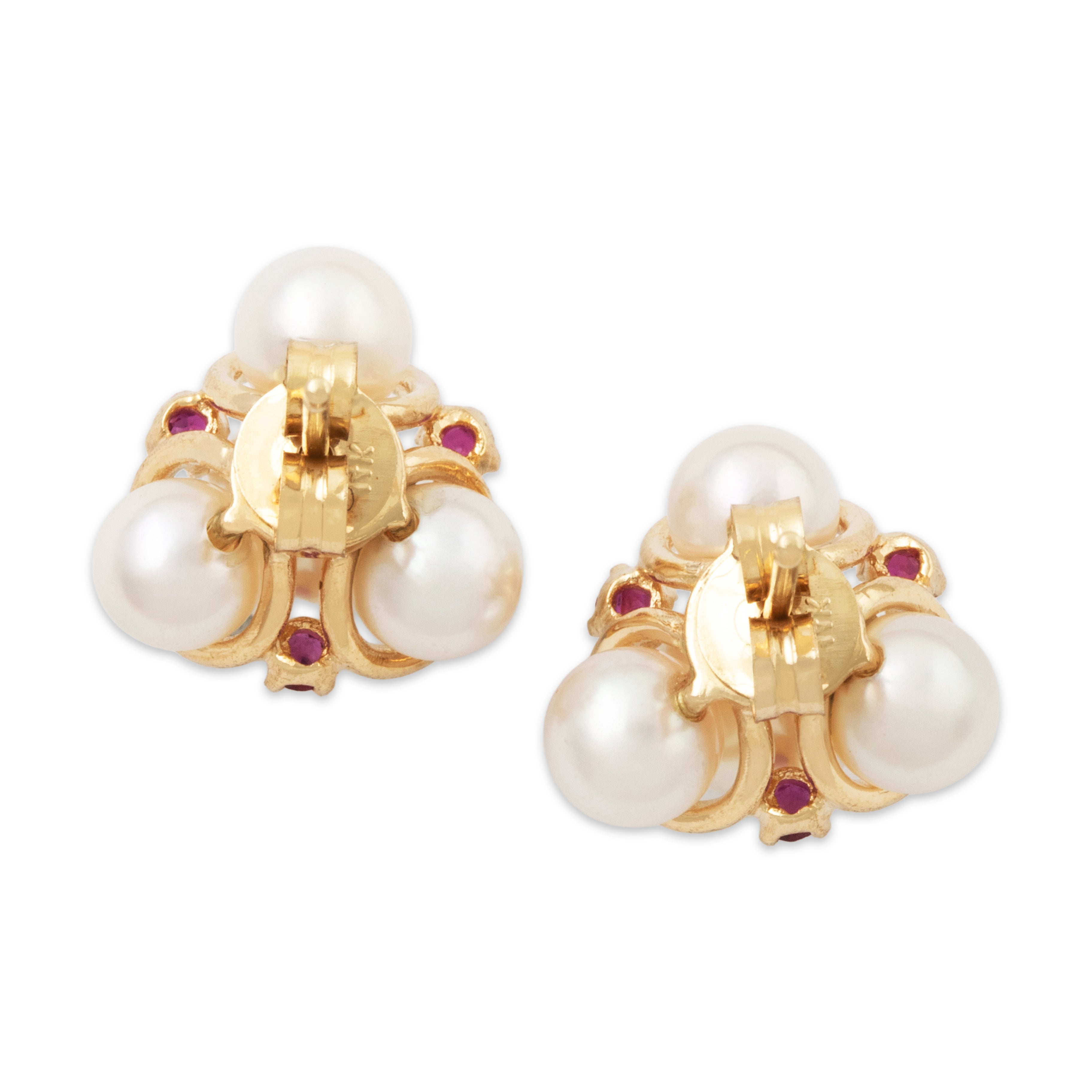 Vintage 14k Yellow Gold Pearl Ruby Lustrous Trio Stud Earrings、mySite、hinf8tx79