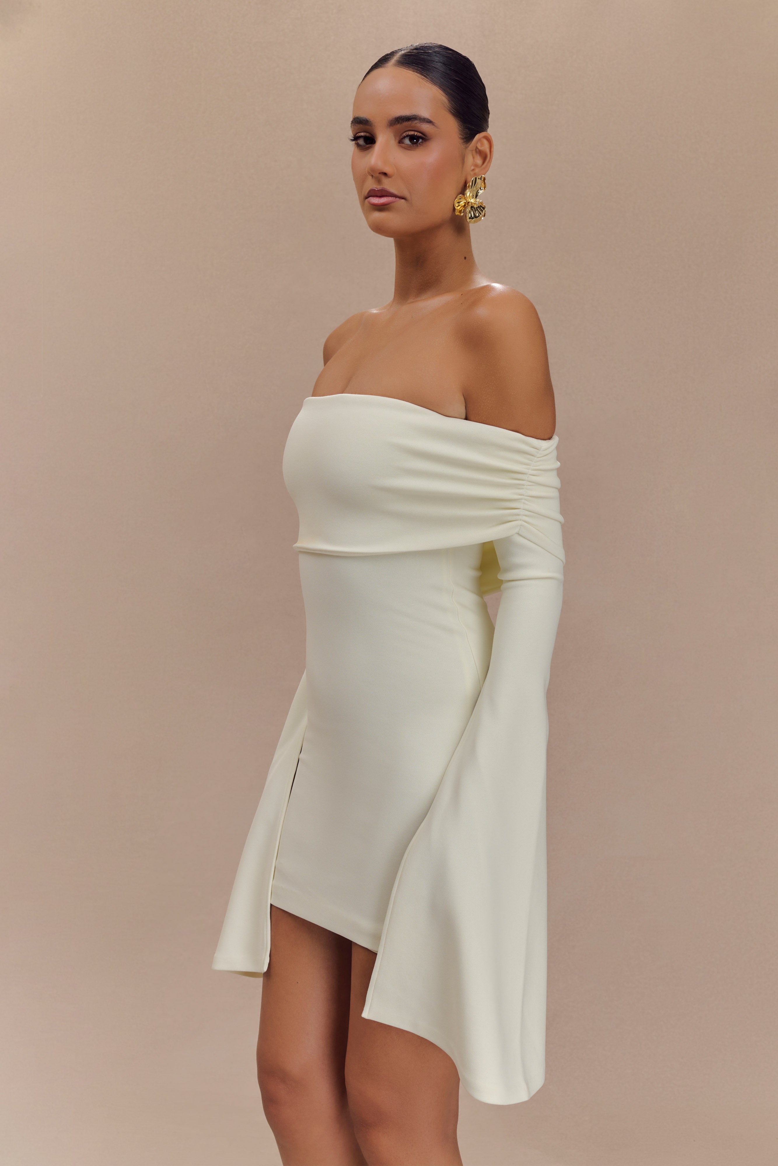 Dominique Off Shoulder Long Sleeve Mini Dress - Ivory、mySite、solidvoid