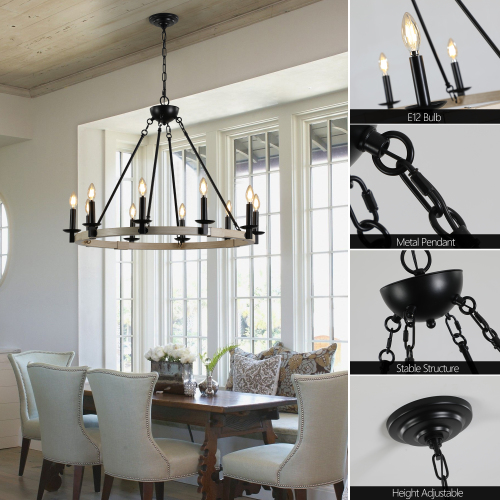 32" Rustic Farmhouse 10-Light Candle Chandelier, Black Metal and Wood Round Hanging Light Fixture for Dining Room, Kitchen, Living Room, Adjustable Height, E12 Bulb Base (No Bulbs)、、eastwooduniform