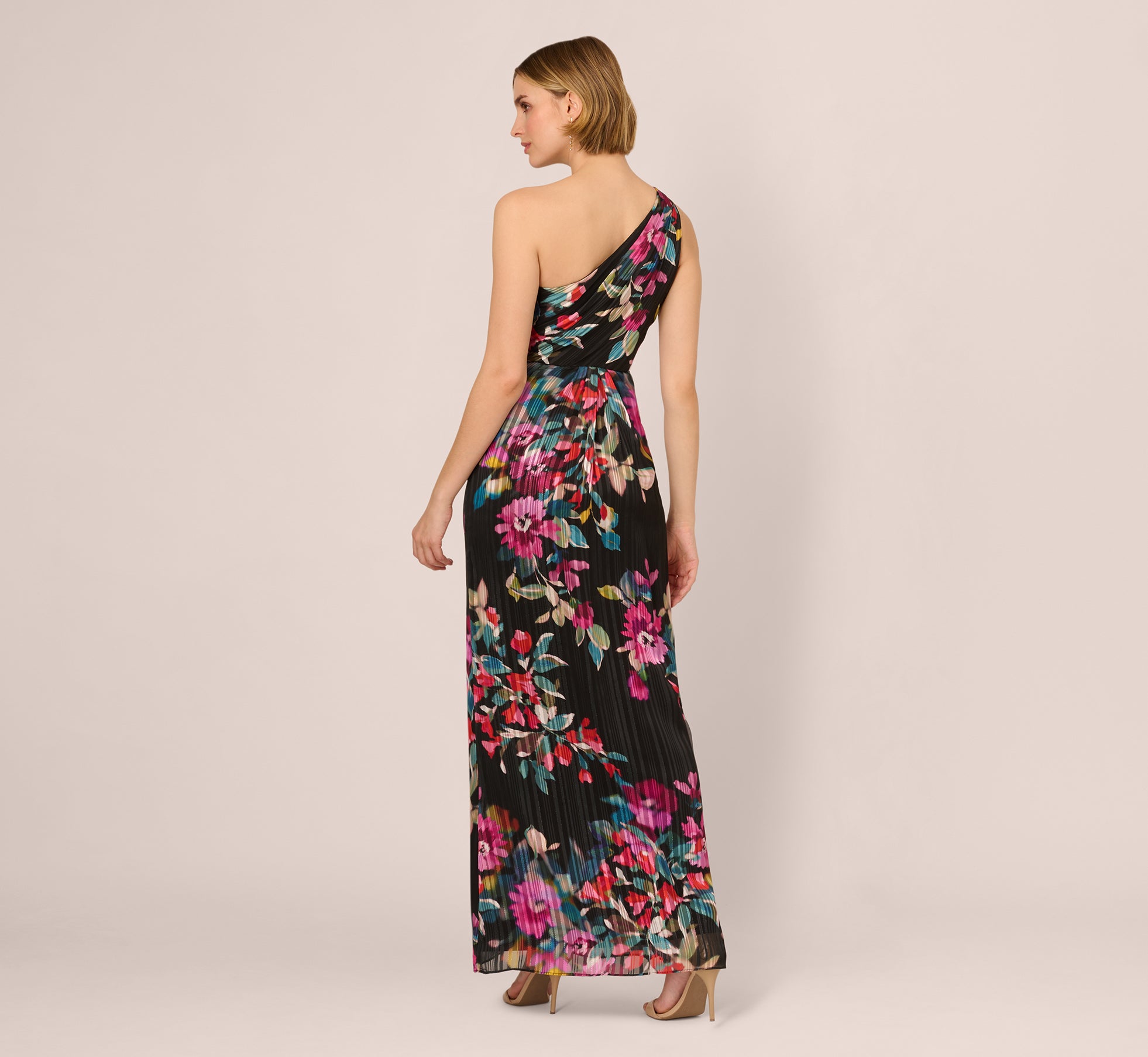 One Shoulder Metallic Floral Stripe Gown In Black Multi、mySite、solidvoid