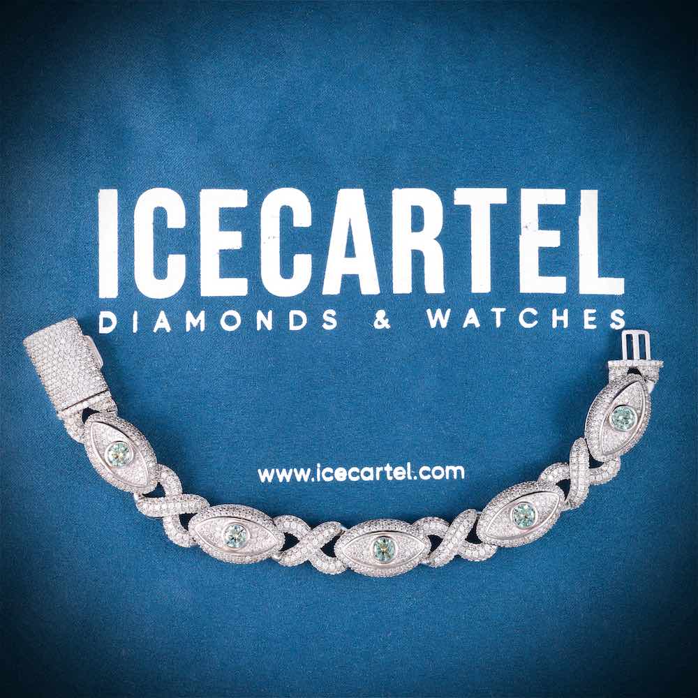 15MM Iced Out Blue Gemstone Evil Eye Eternity Bracelet 14K Gold、mySite、hinf8tx79
