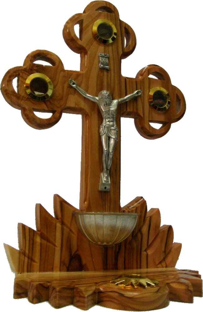 Table Olive Wood Cross/Crucifix with Holy Water Font - with Samples from The Holy Land (22 cm or 9 inches in Height)、mySite、topwebapps