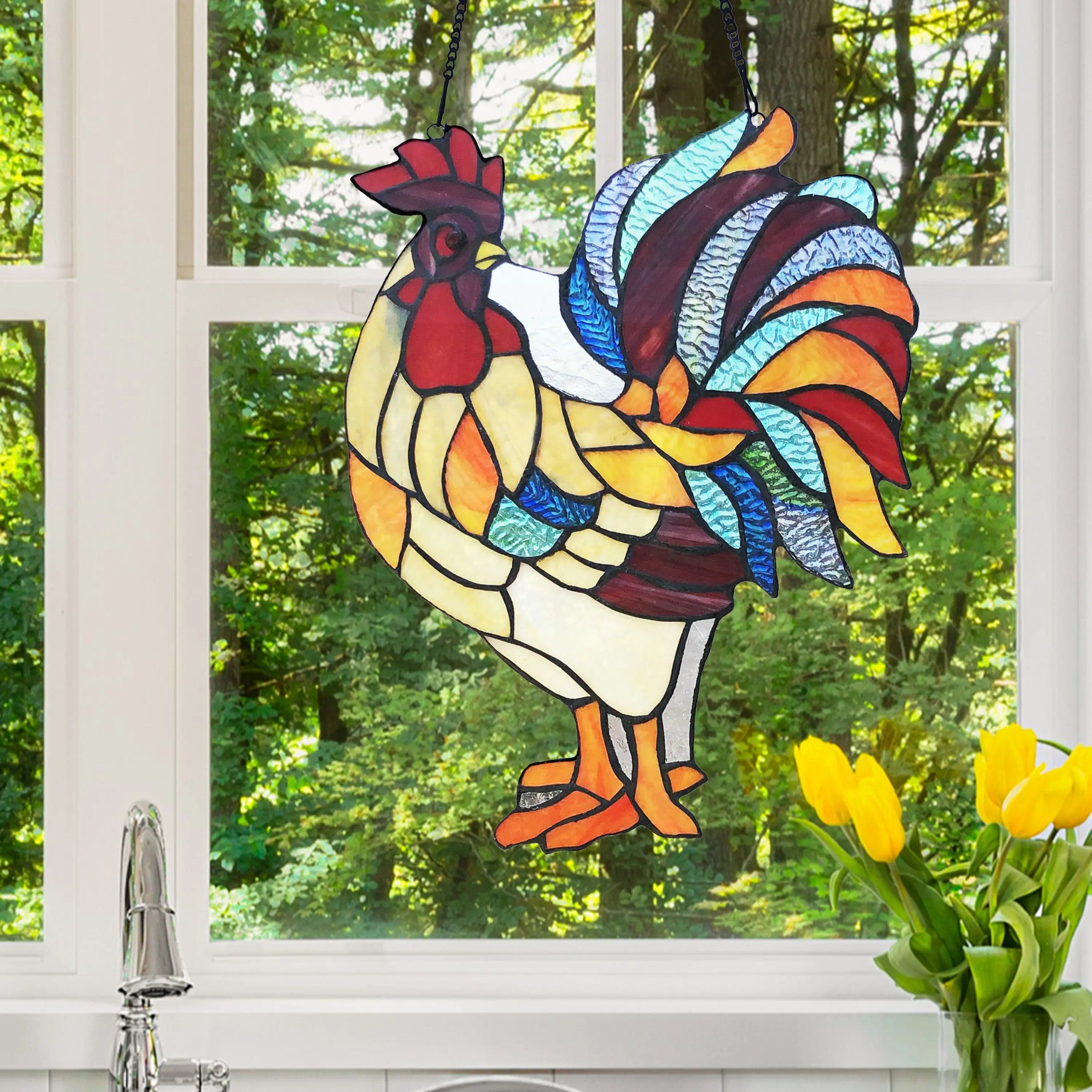 Rooster Tiffany Style Colorful Chicken Stained Glass Lamp or Hanging Panel、mySite、g9winljtr