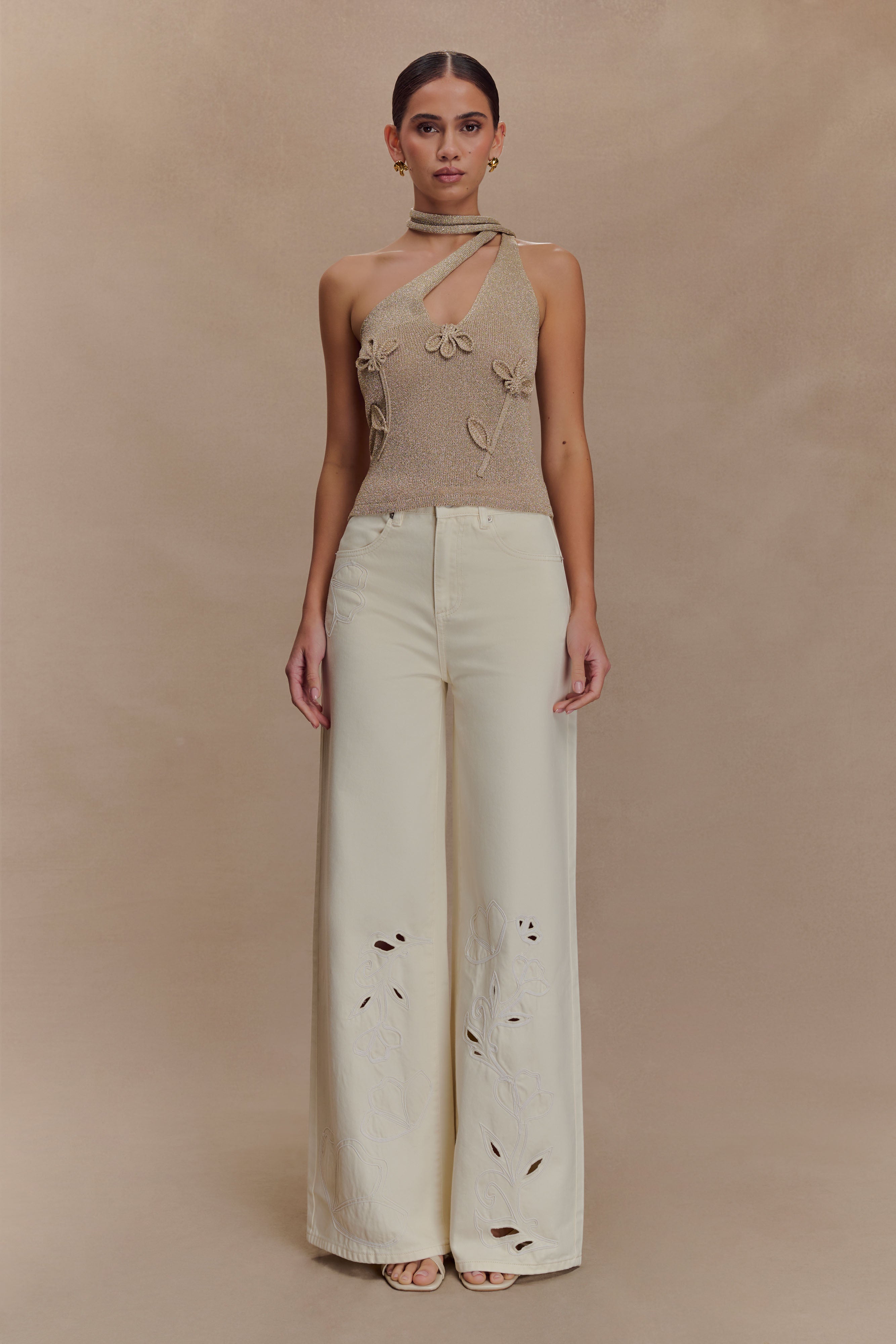 Leone One Shoulder Metallic Knit Top - Gold、mySite、solidvoid