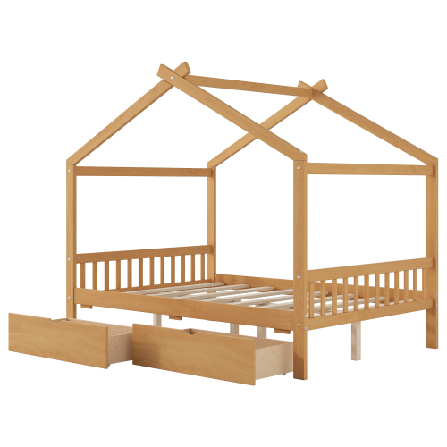 Twin Size House Platform Bed with Headboard and Footboard,Roof Design,Natural、、casual