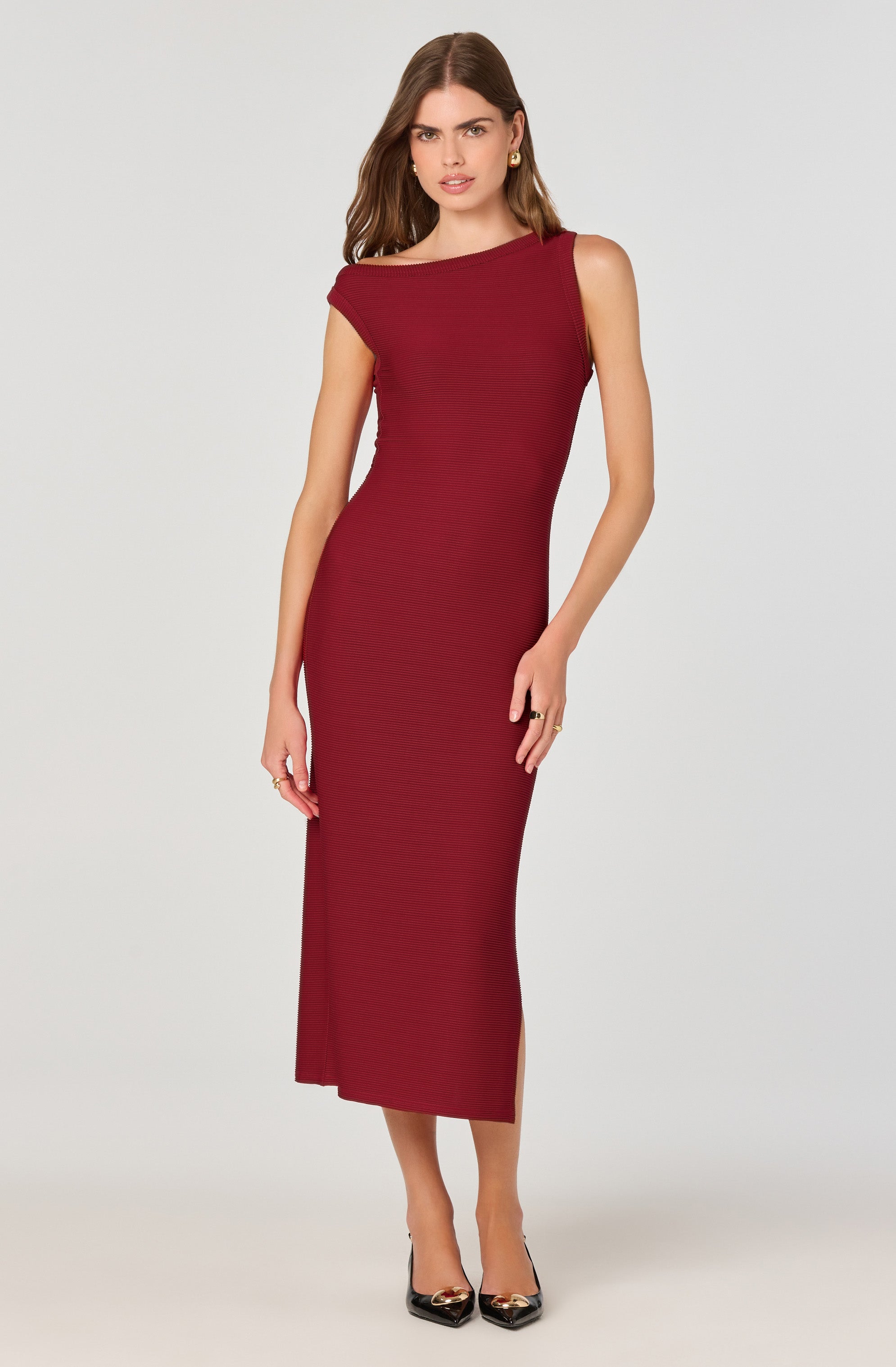 Off Shoulder Ribbed Knit Dress、mySite、solidvoid