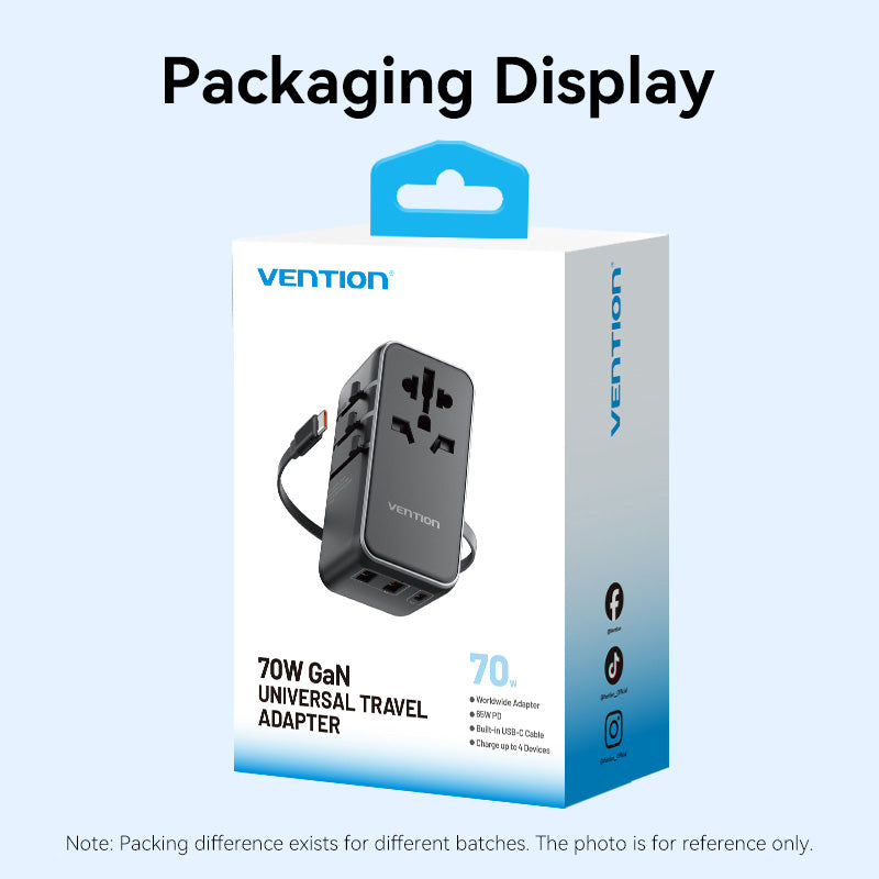 Vention 3-Port USB (C + A + A) GaN Universal Travel Adapter (65W/60W/5W) with Built-in USB-C Cable Black、mySite、fannypackpong