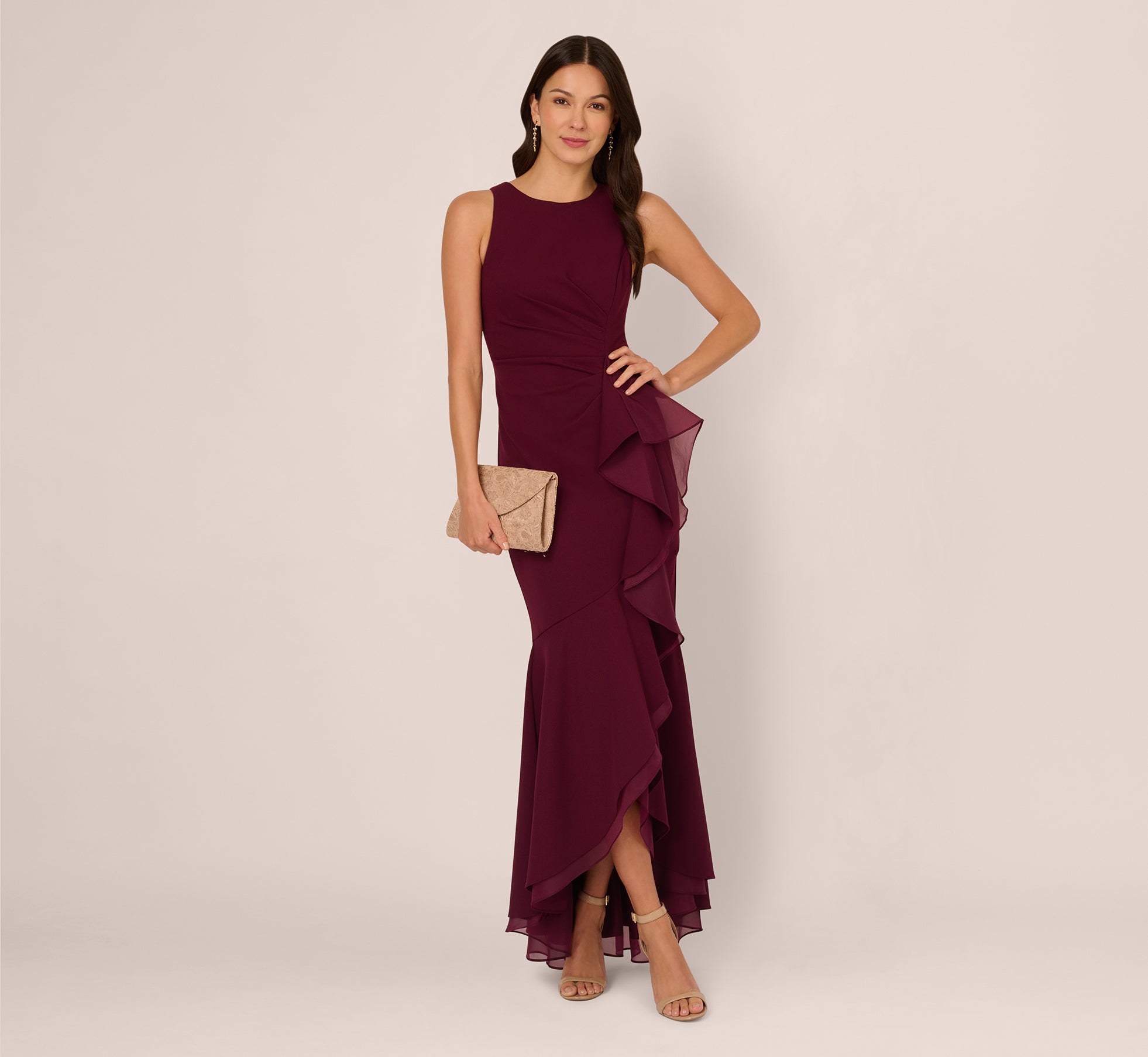 High Low Crepe Halter Gown With Organza Draping In Cabernet、mySite、solidvoid