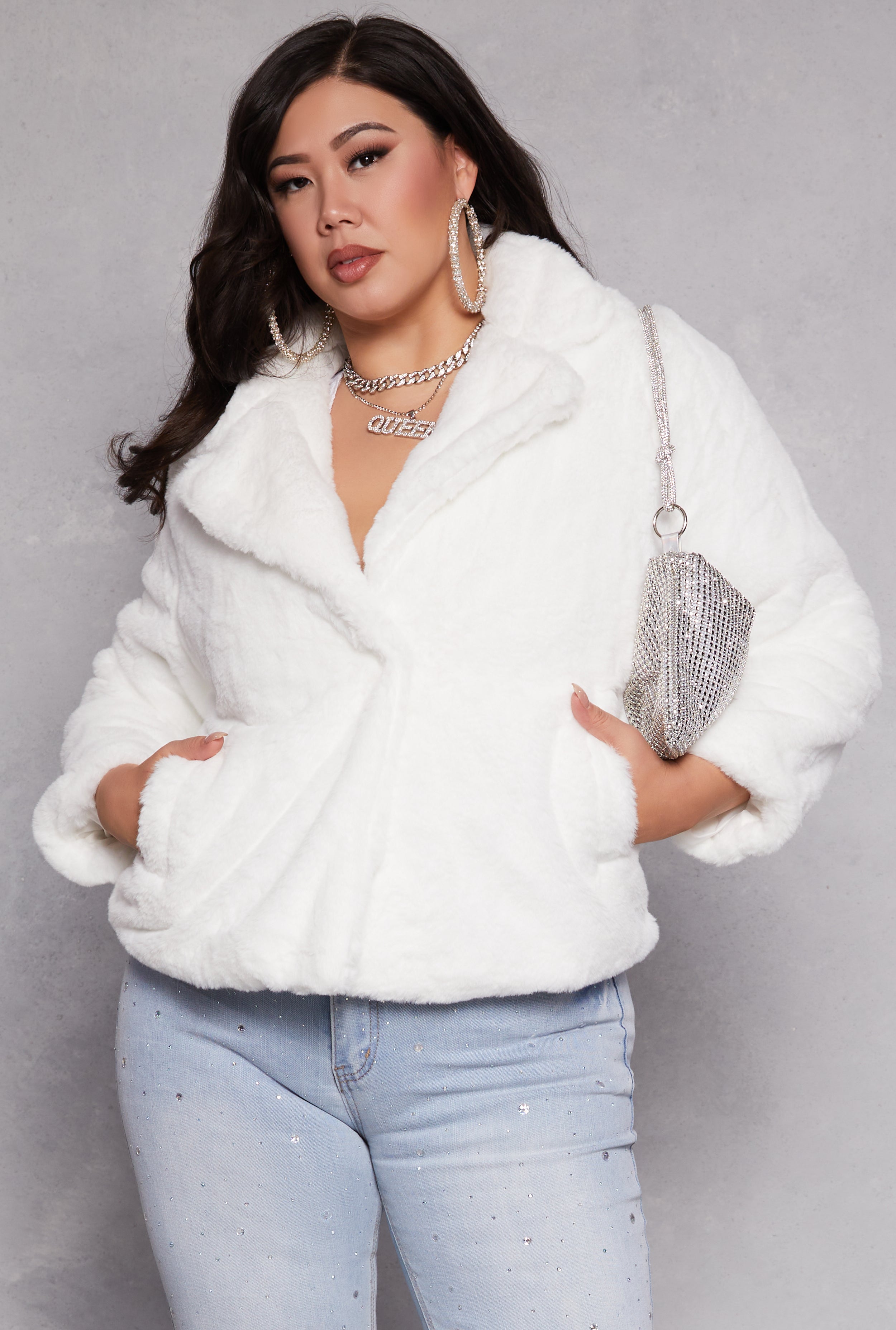 Plus Size Snap Button Faux Fur Jacket、mySite、camillekostekn
