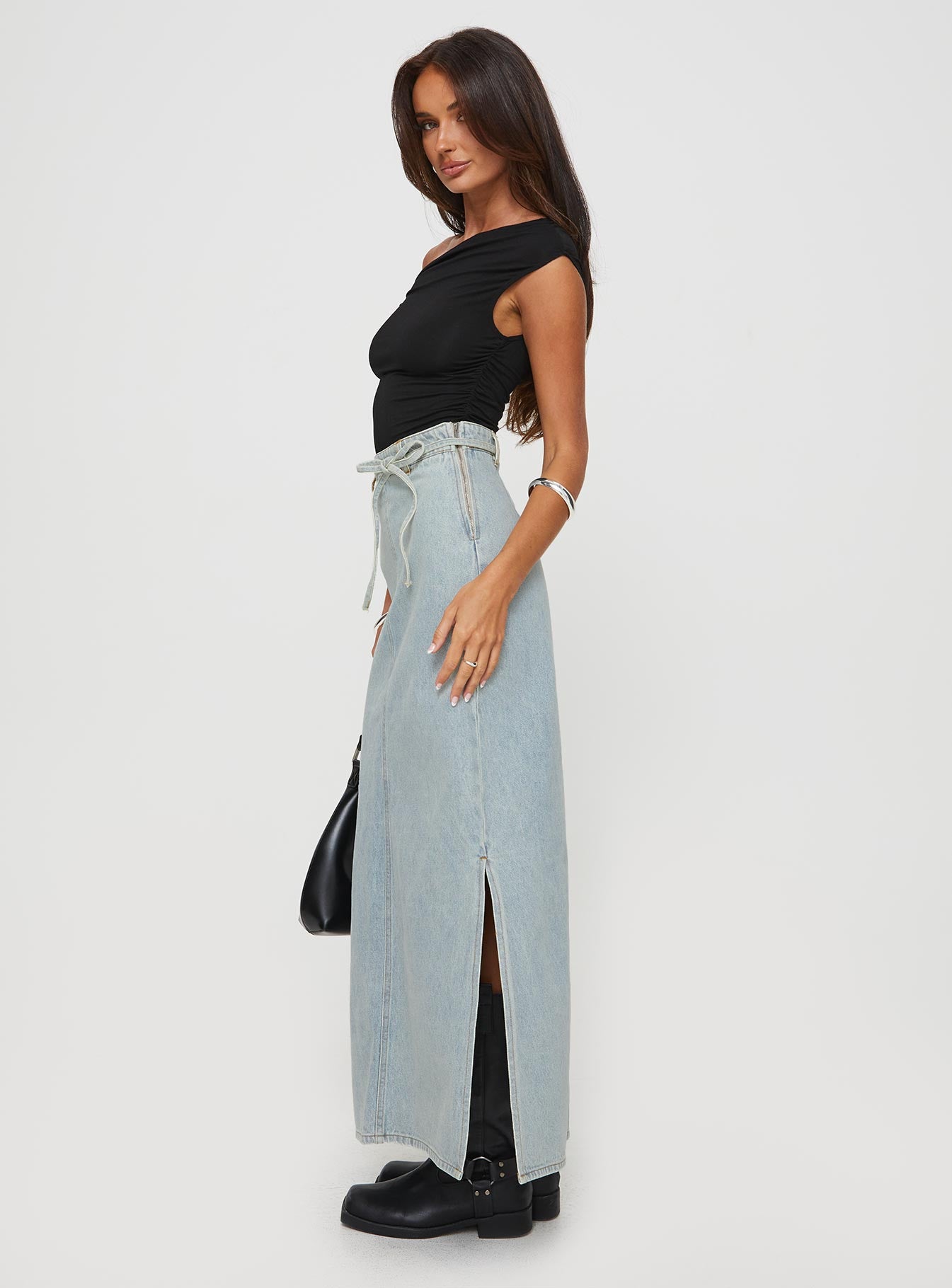 Brandee Tie Front Denim Maxi Skirt Light Wash、mySite、solidvoid