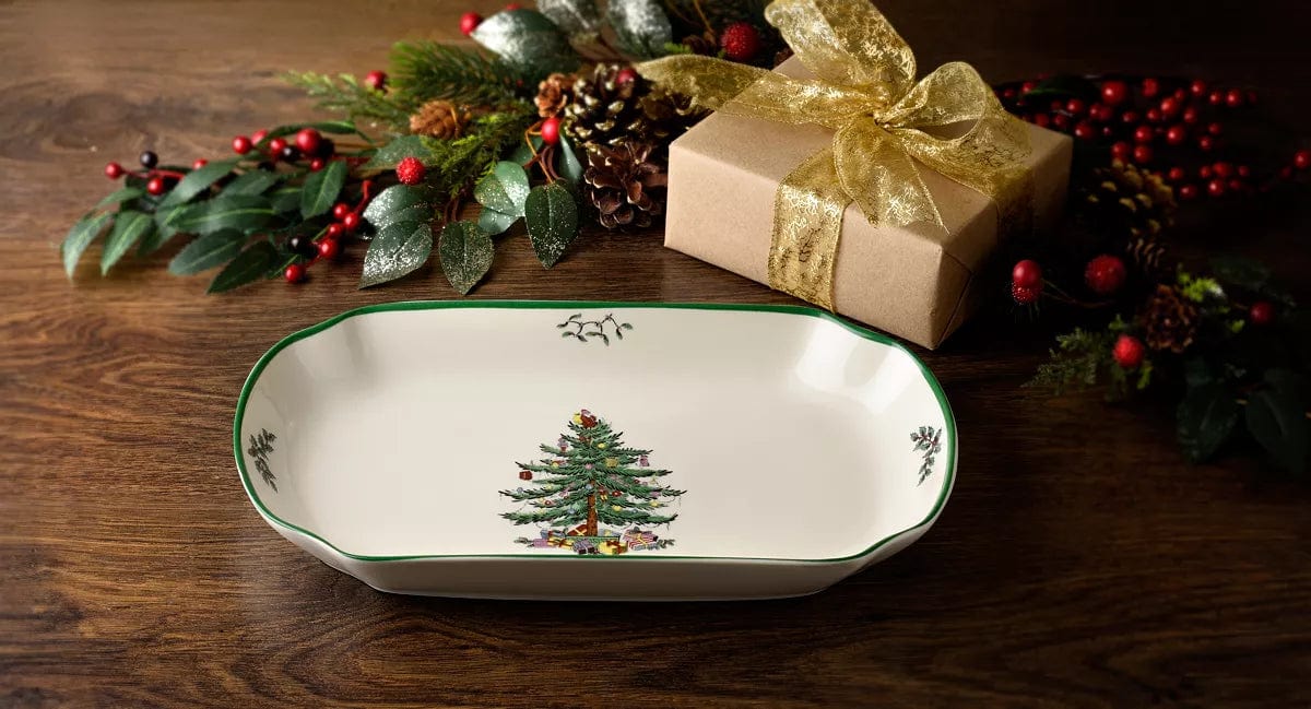 Christmas Tree Rectangular Scalloped Porcelain Tray Machine Washable Imported、mySite、g9winljtr