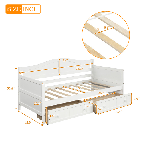 Twin Wooden Daybed with 2 drawers, Sofa Bed for Bedroom Living Room,No Box Spring Needed,White、、casual
