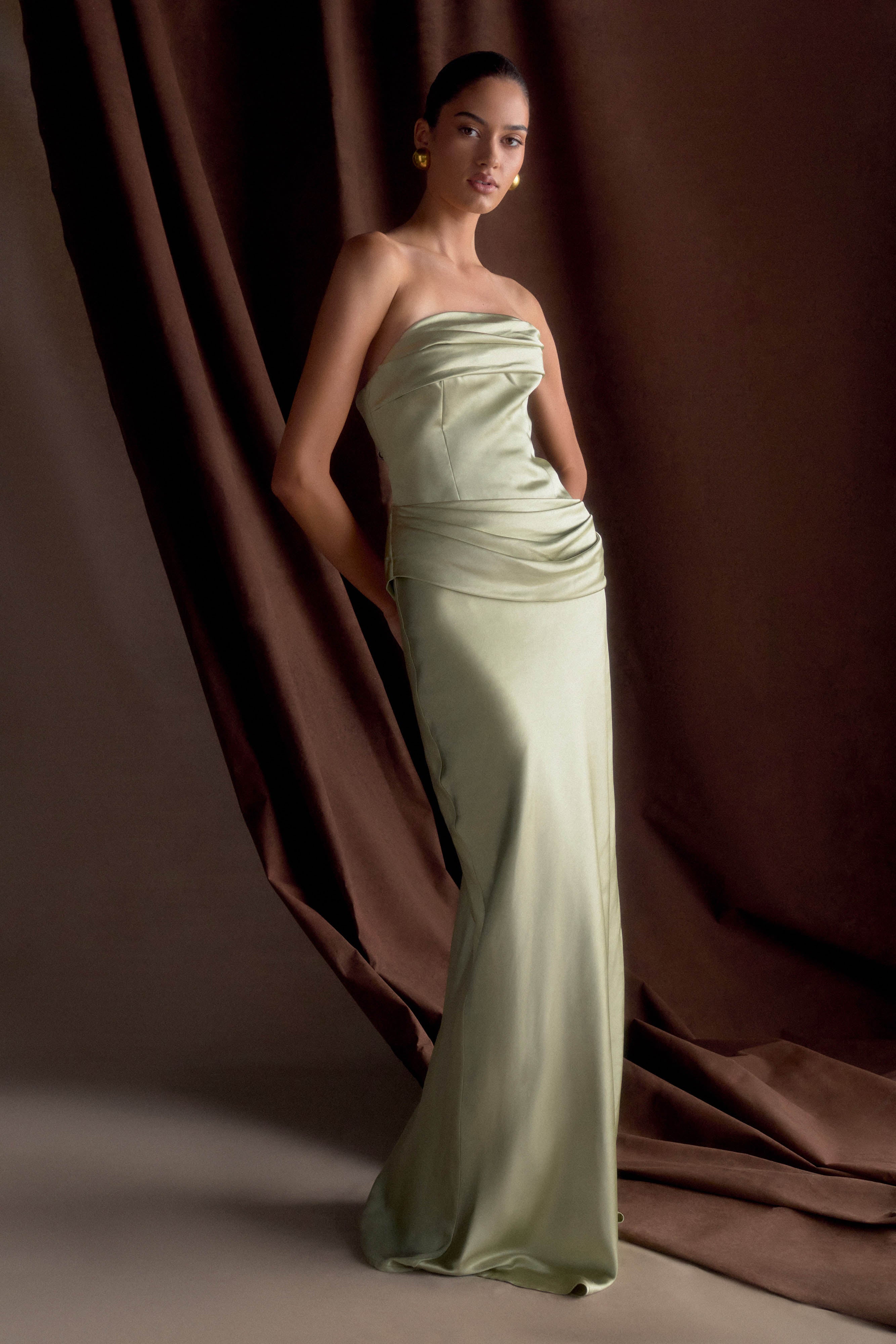 Jasmine Strapless Satin Maxi Dress - Sage、mySite、solidvoid