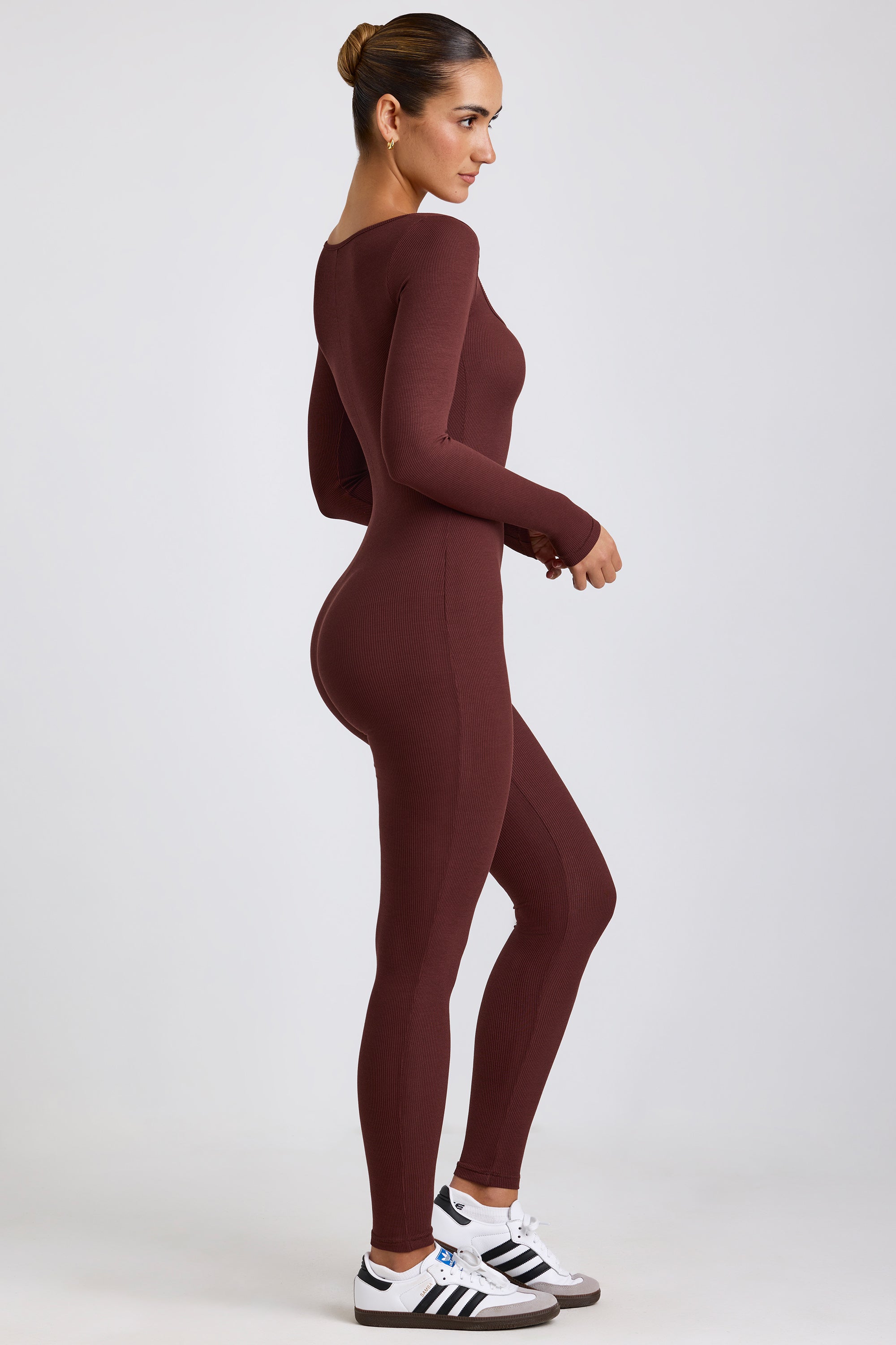 Ribbed Modal Long Sleeve Jumpsuit in Espresso、mySite、solidvoid