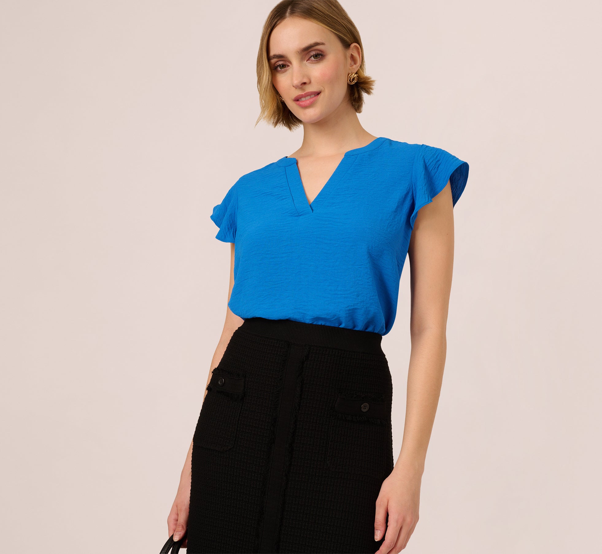 Flutter Sleeve Top With Notched Neck In Egyptian Blue、mySite、solidvoid