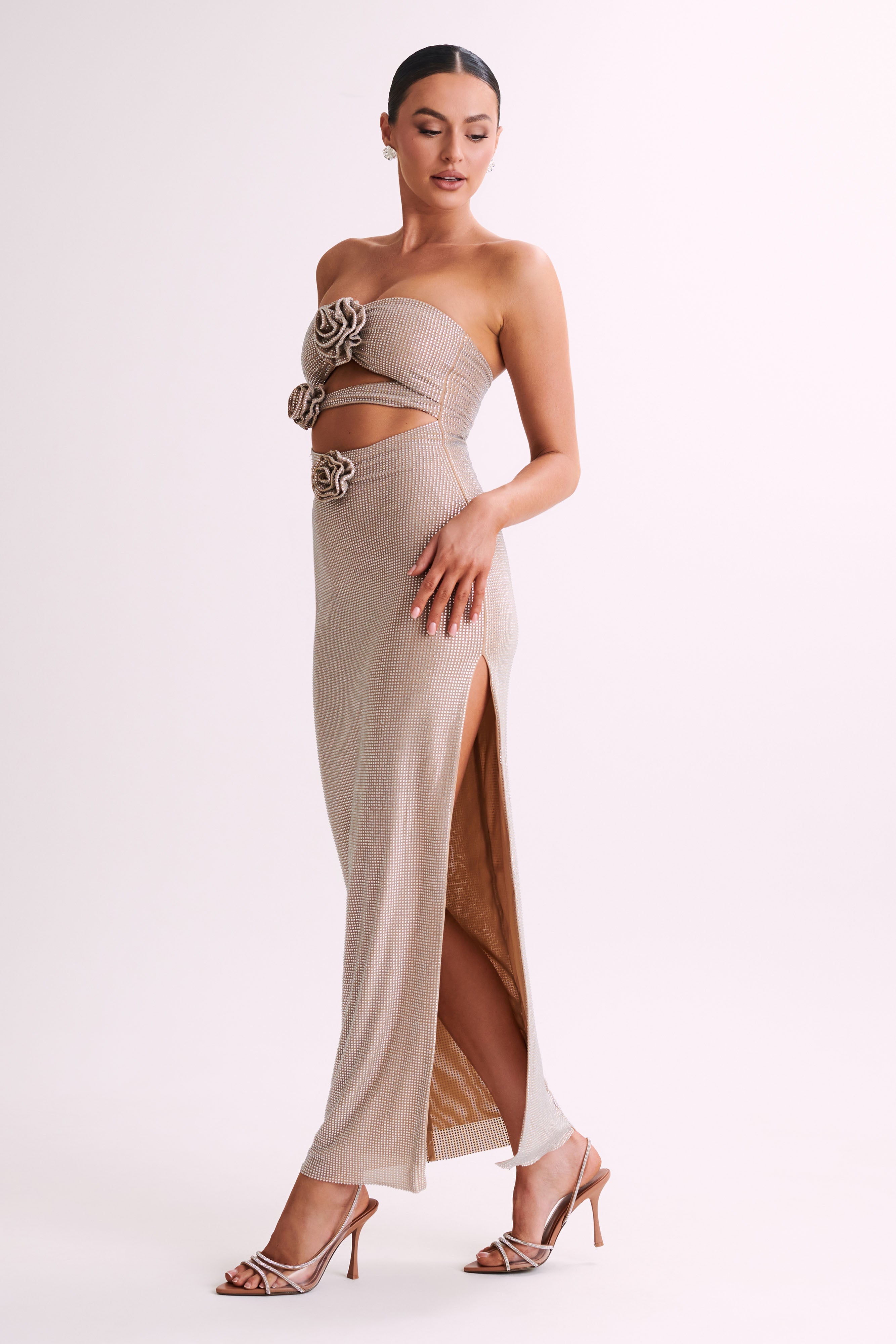 Stassie Strapless Rose Diamante Maxi Dress - Nude、mySite、solidvoid