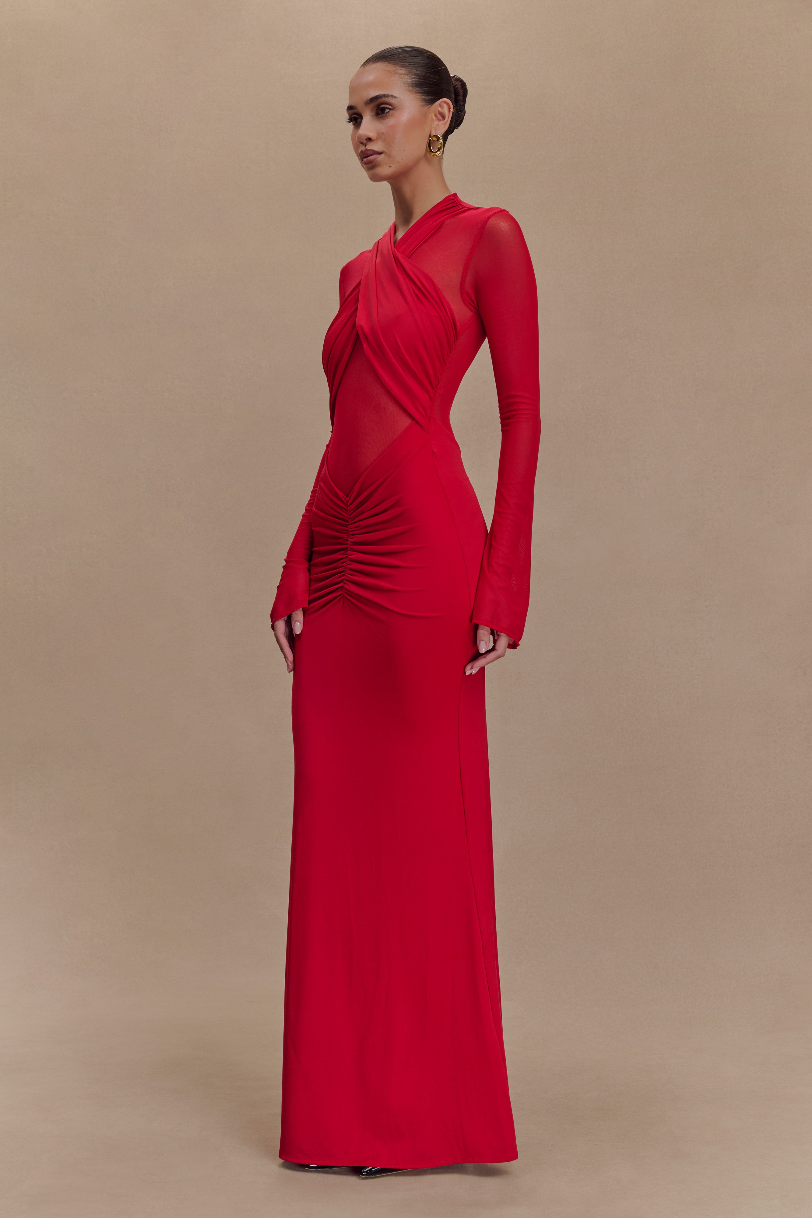 Tania Slinky And Mesh Long Sleeve Maxi Dress - Ruby、mySite、solidvoid