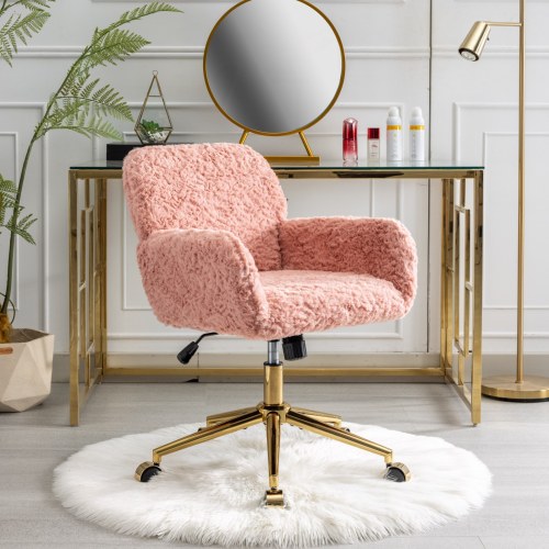 A&A Furniture Office Chair,Artificial rabbit hair Home Office Chair with Golden Metal Base,Adjustable Desk Chair Swivel Office Chair,Vanity Chair(Orange)、、casual